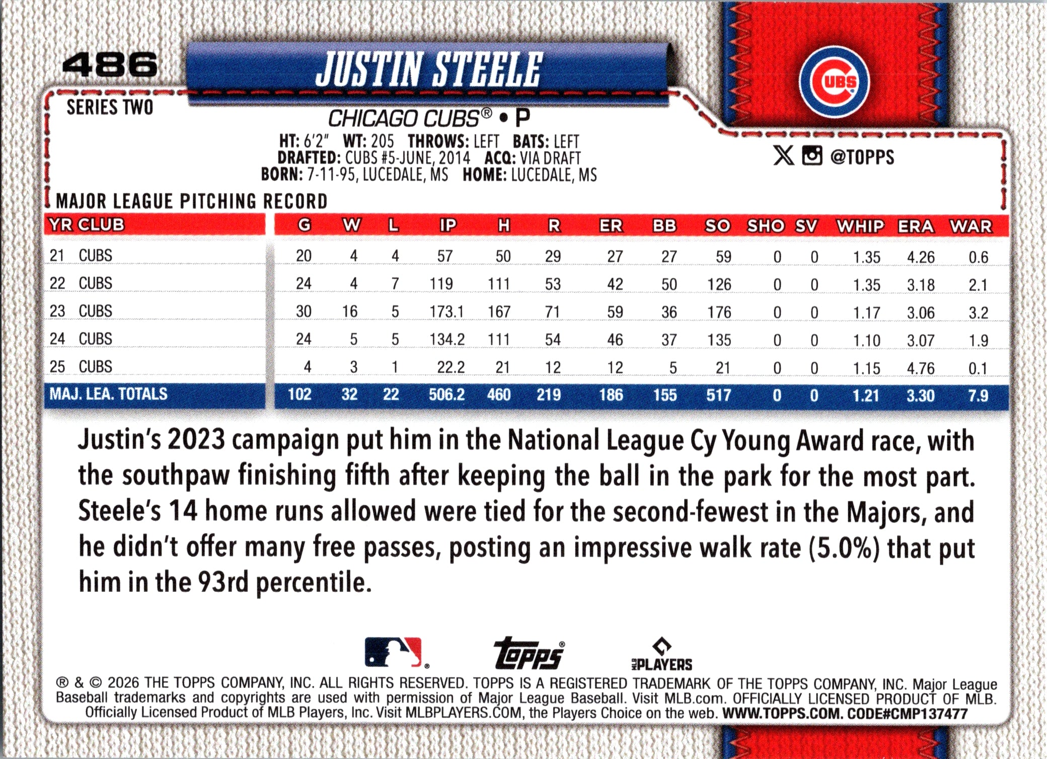2026 Topps Justin Steele #486 Base Card Chicago Cubs Near Mint or Better