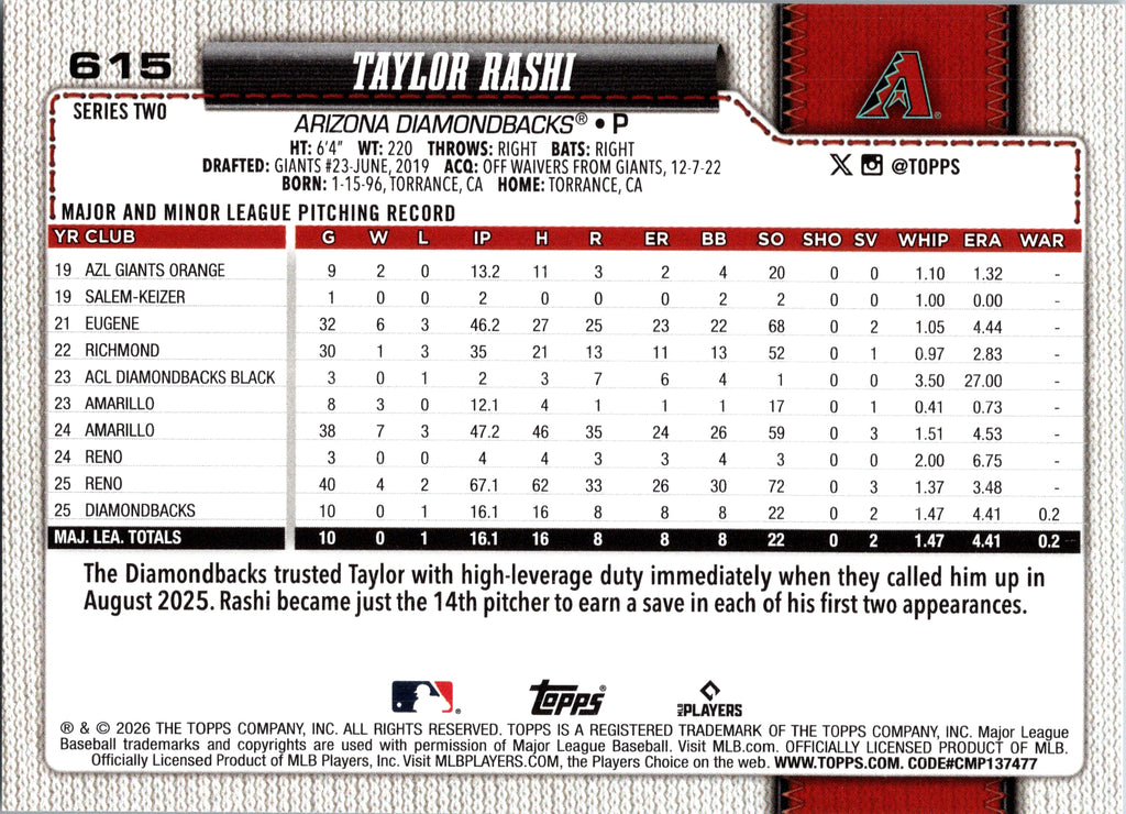 2026 Topps Taylor Rashi #615 Base Card Arizona Diamondbacks Rookie Card NM