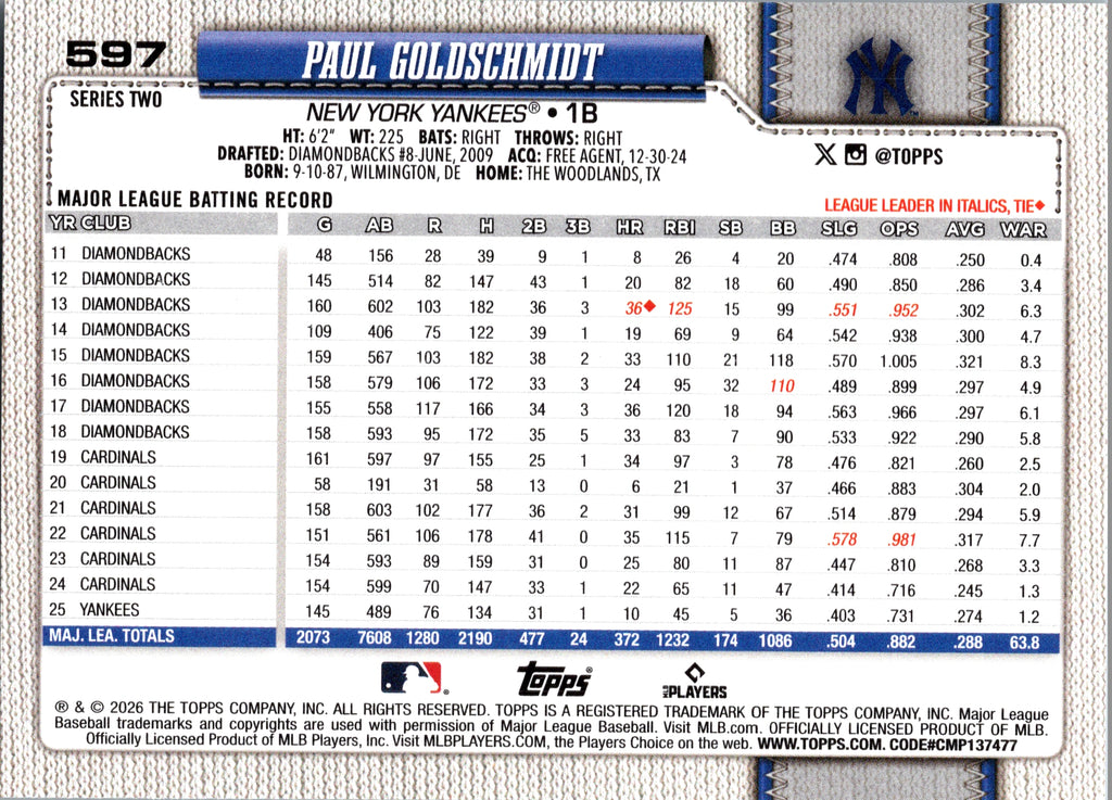 2026 Topps Paul Goldschmidt #597 Base Card New York Yankees Near Mint or Better
