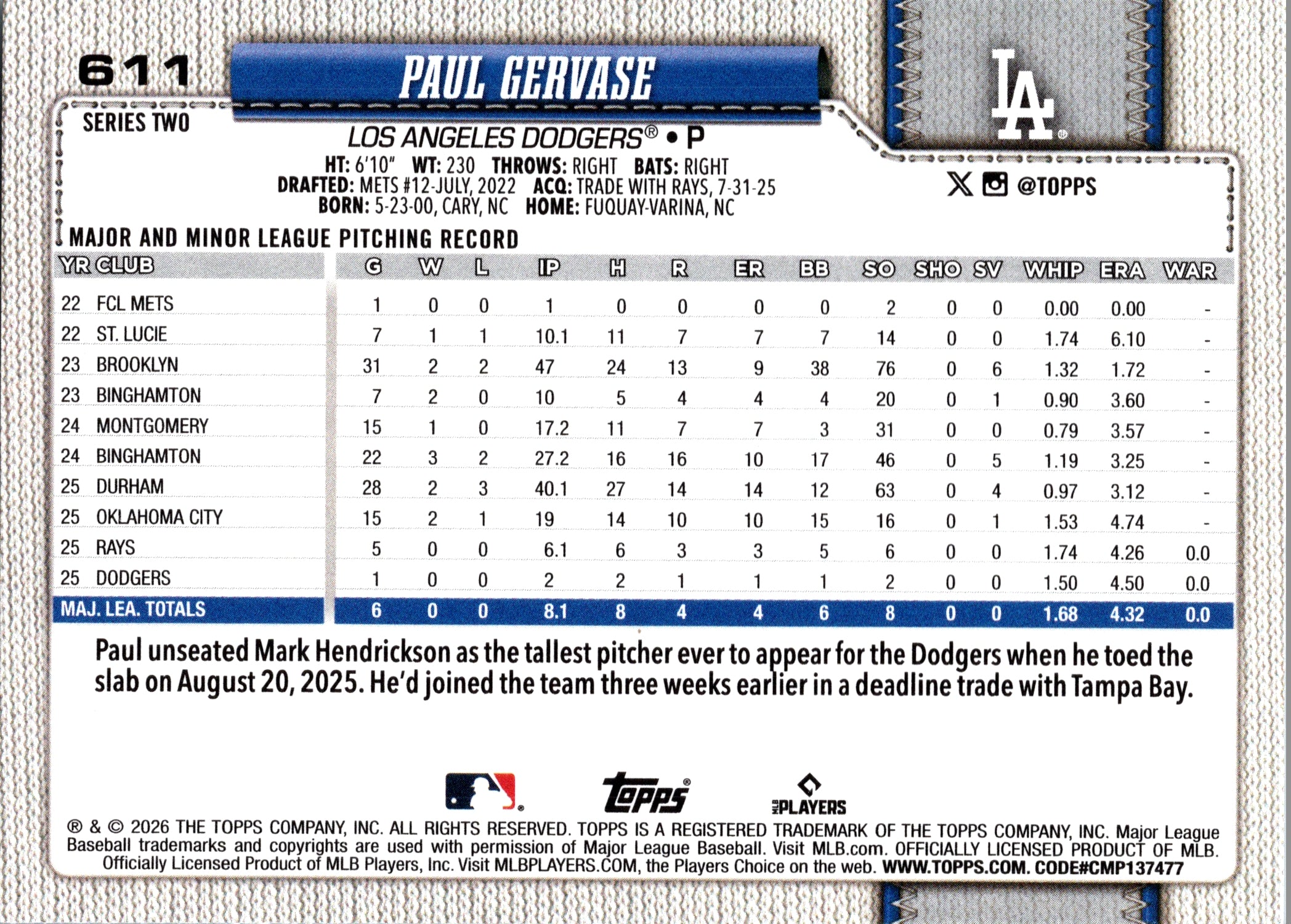 2026 Topps Paul Gervase #611 Los Angeles Dodgers Near Mint or Better