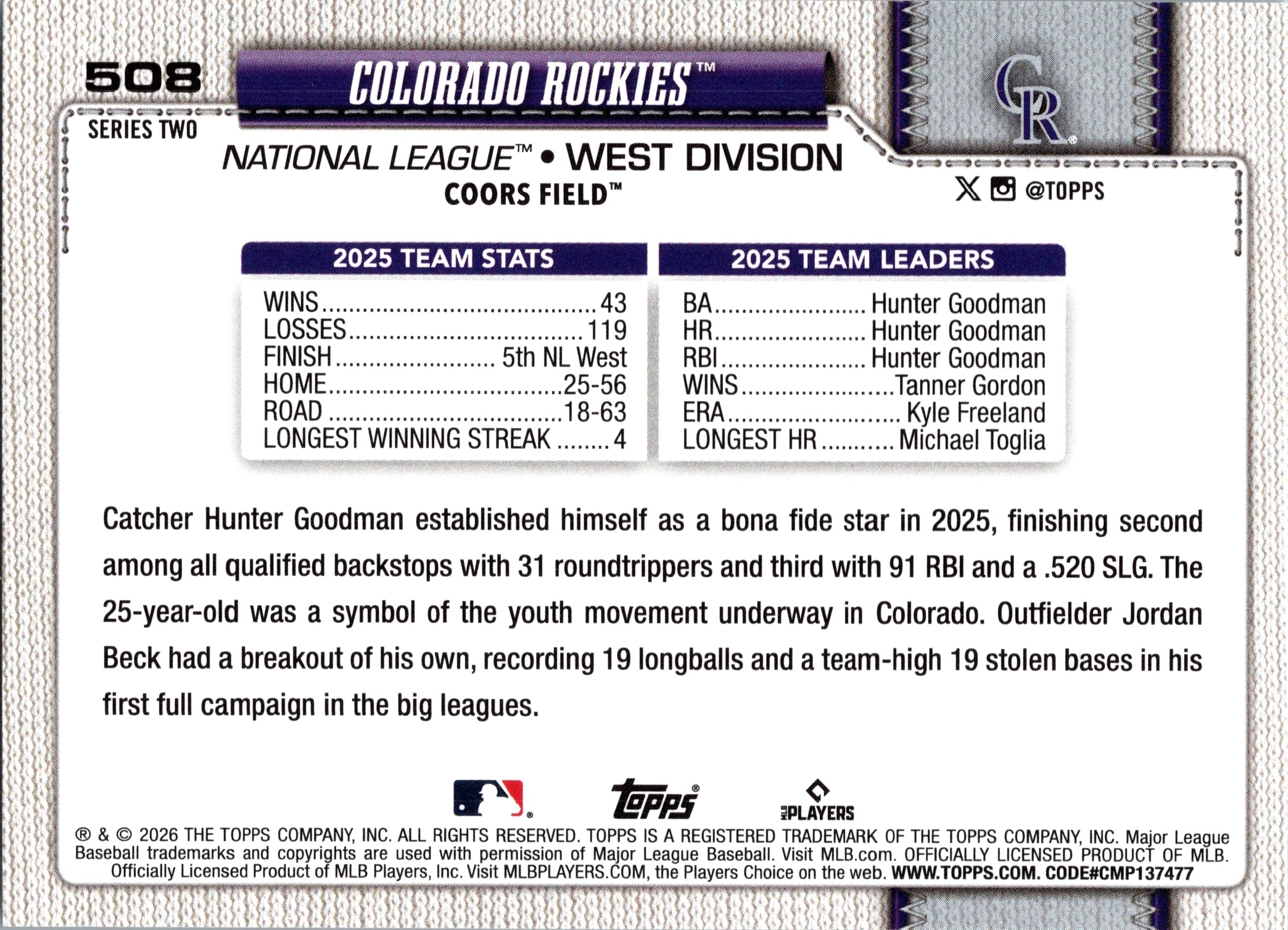 2026 Topps Colorado Rockies #508 Colorado Rockies Near Mint or Better