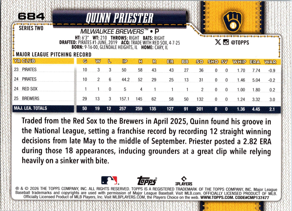 2026 Topps Quinn Priester #684 Milwaukee Brewers Near Mint or Better
