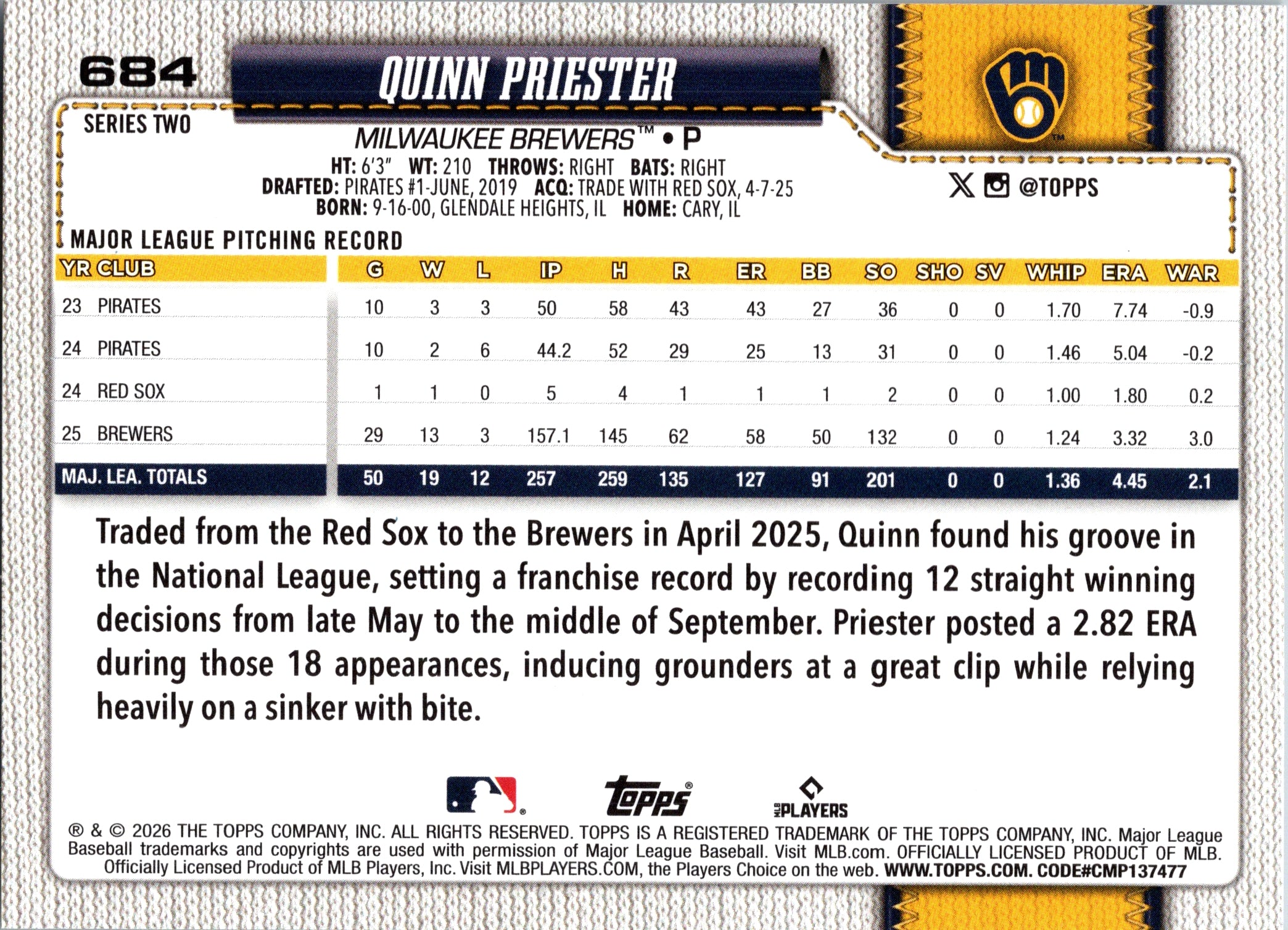 2026 Topps Quinn Priester #684 Milwaukee Brewers Near Mint or Better