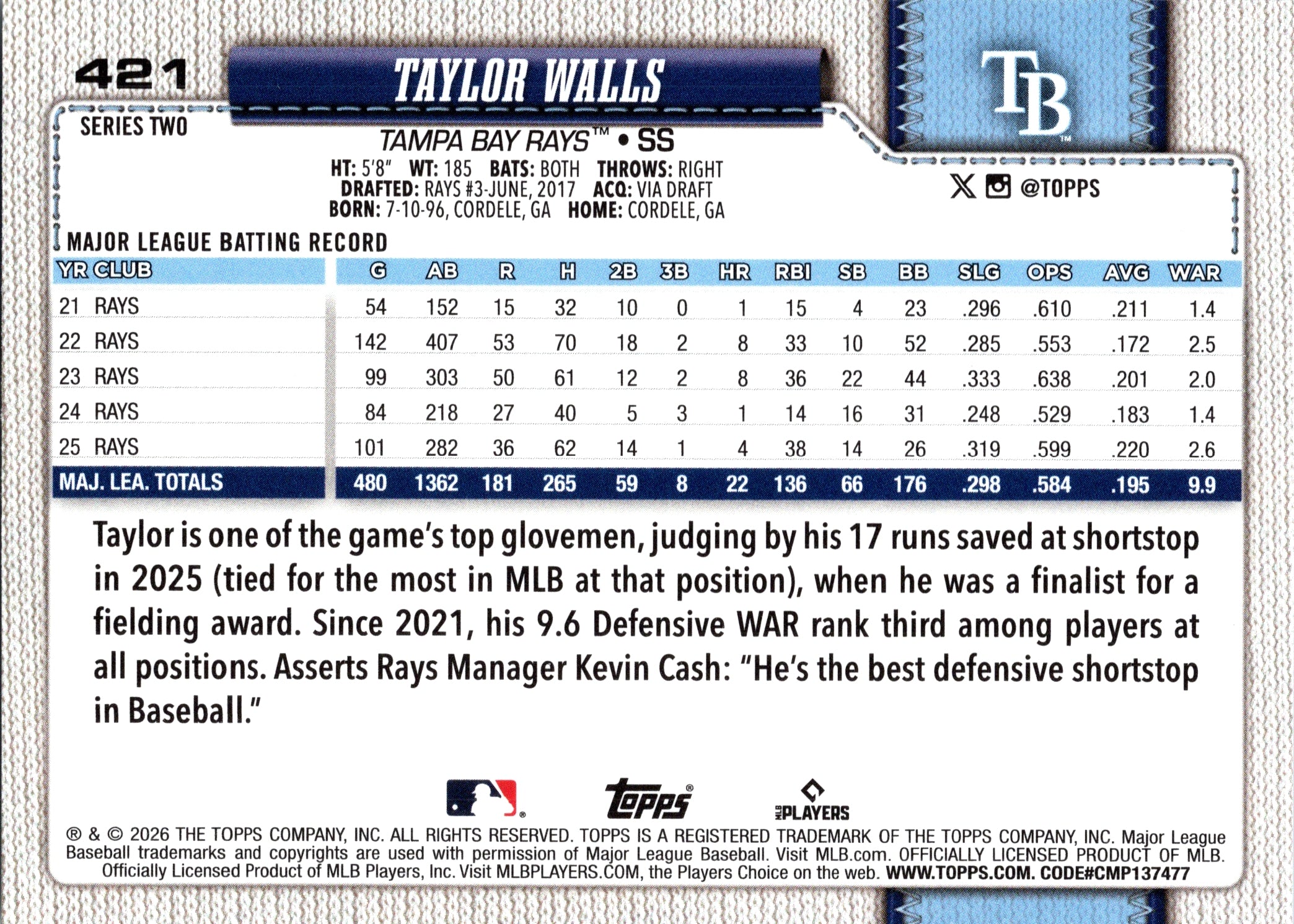 2026 Topps Taylor Walls #421 Tampa Bay Rays Near Mint or Better