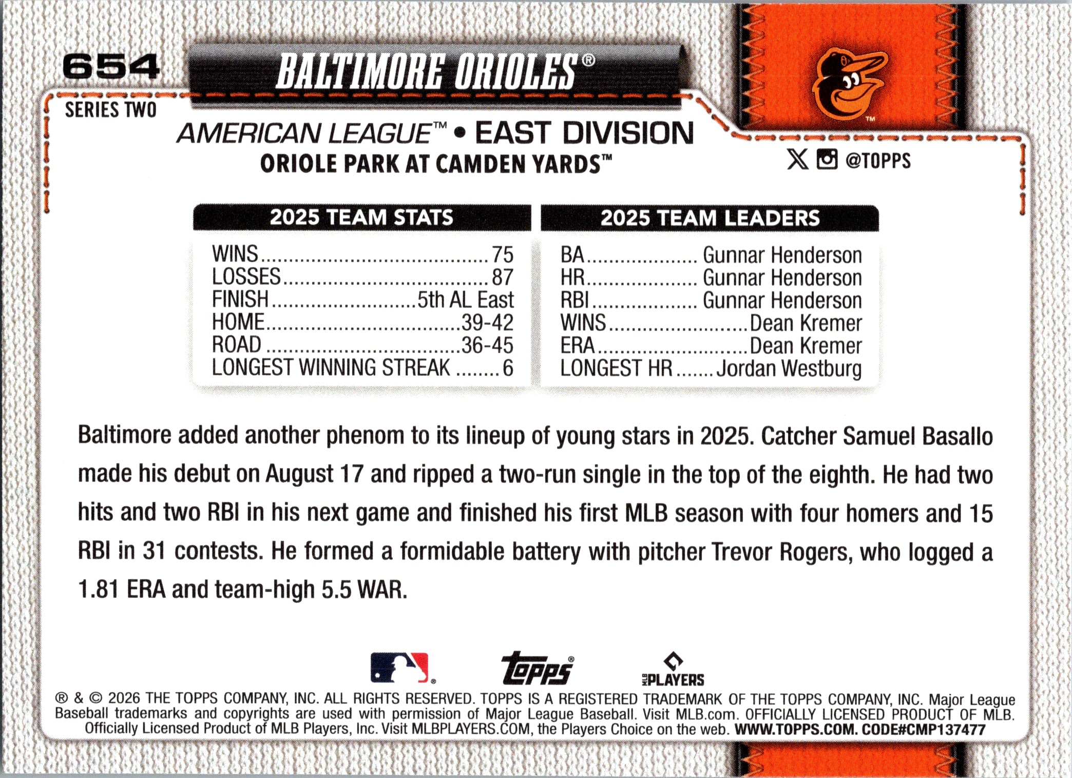 2026 Topps Baltimore Orioles #654 Baltimore Orioles Near Mint or Better