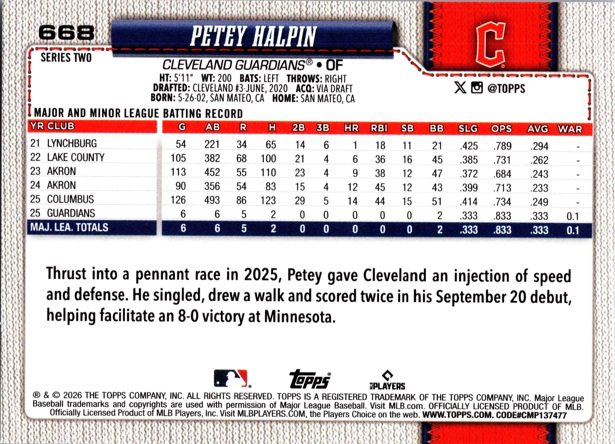 2026 Topps Petey Halpin #668 Cleveland Guardians Near Mint or Better
