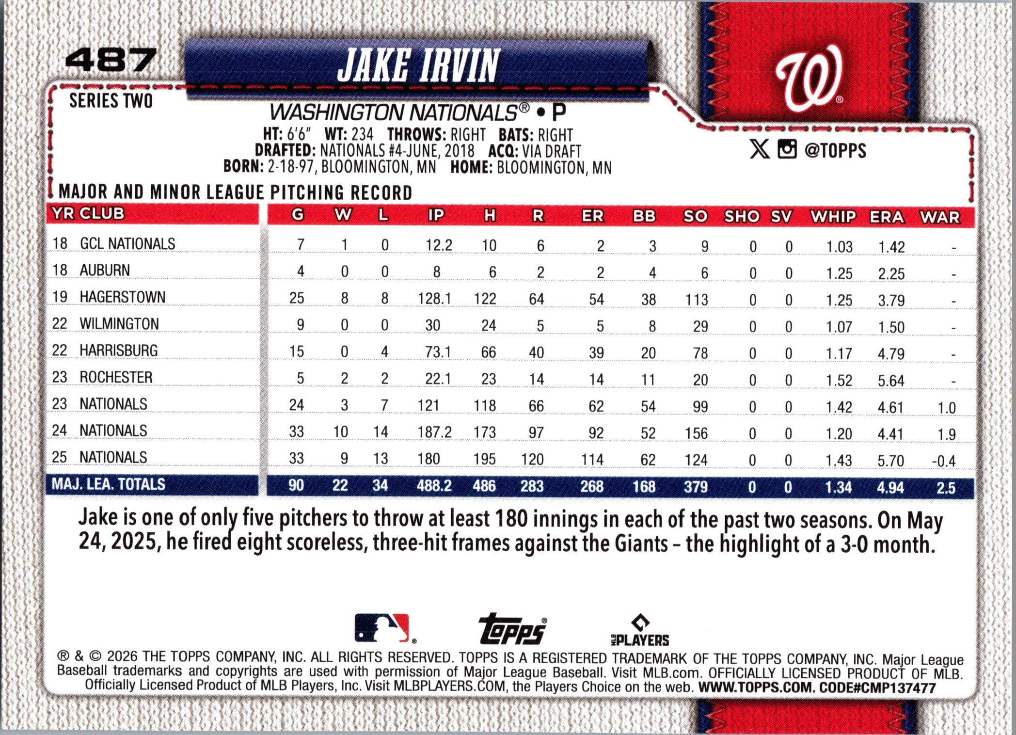 2026 Topps Jake Irvin #487 Washington Nationals Near Mint or Better