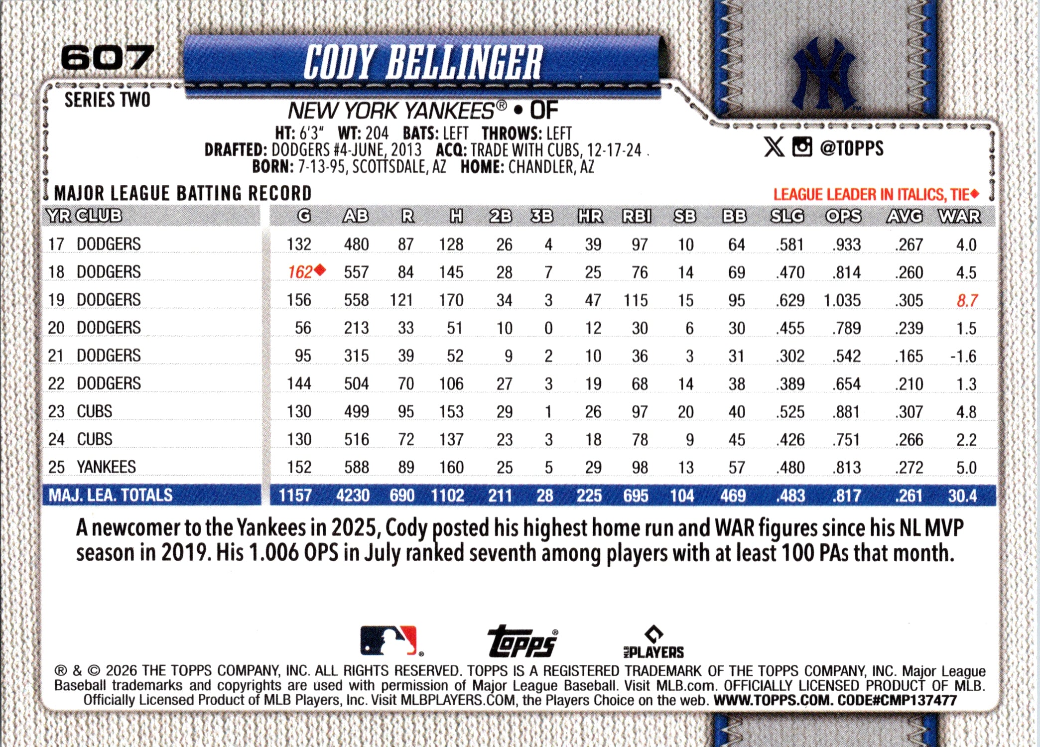 2026 Topps Cody Bellinger #607 New York Yankees Near Mint or Better