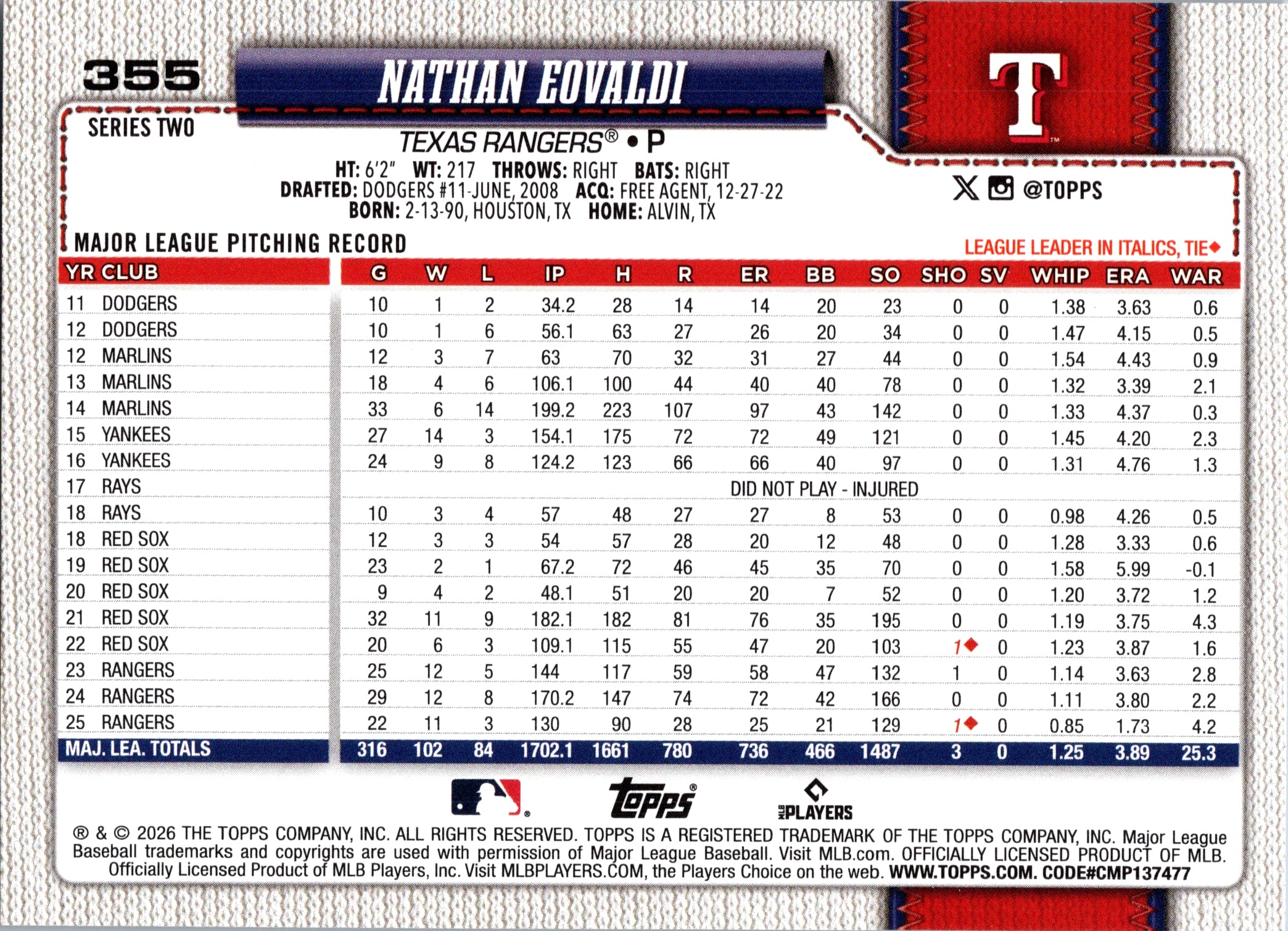 2026 Topps Nathan Eovaldi #355 Texas Rangers Near Mint or Better