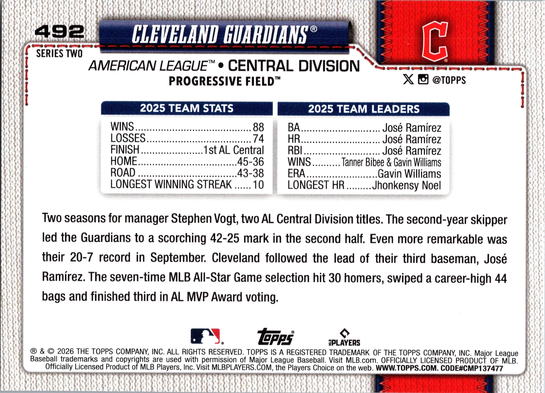 2026 Topps Cleveland Guardians #492 Cleveland Guardians Near Mint or Better
