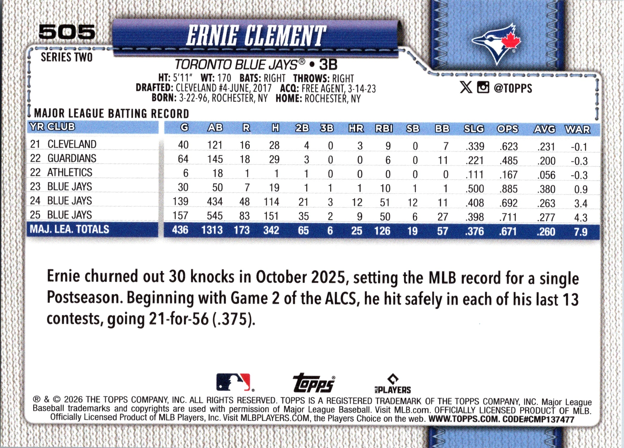 2026 Topps Ernie Clement #505 Toronto Blue Jays Near Mint or Better