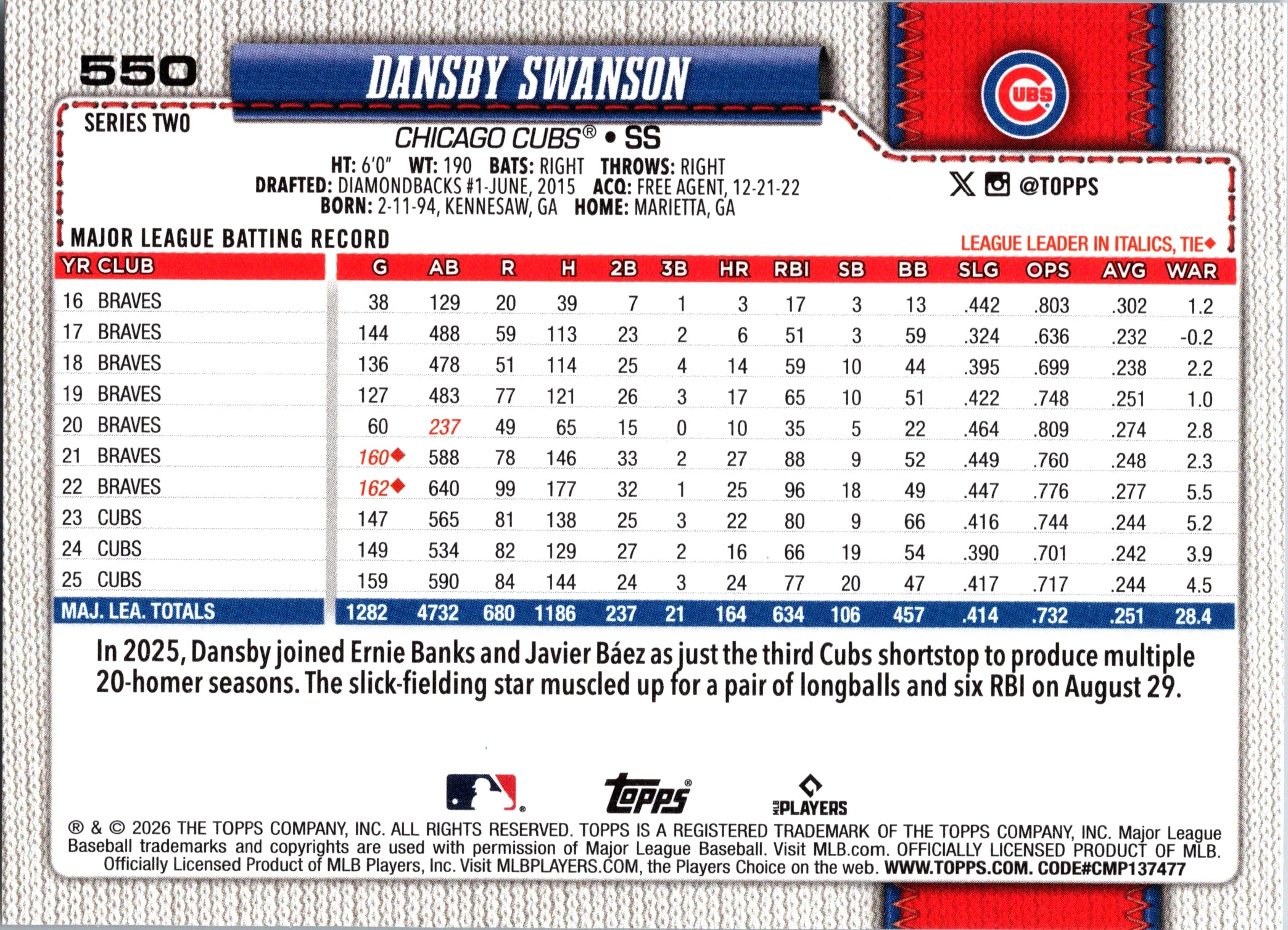 2026 Topps Dansby Swanson #550 Chicago Cubs Near Mint or Better