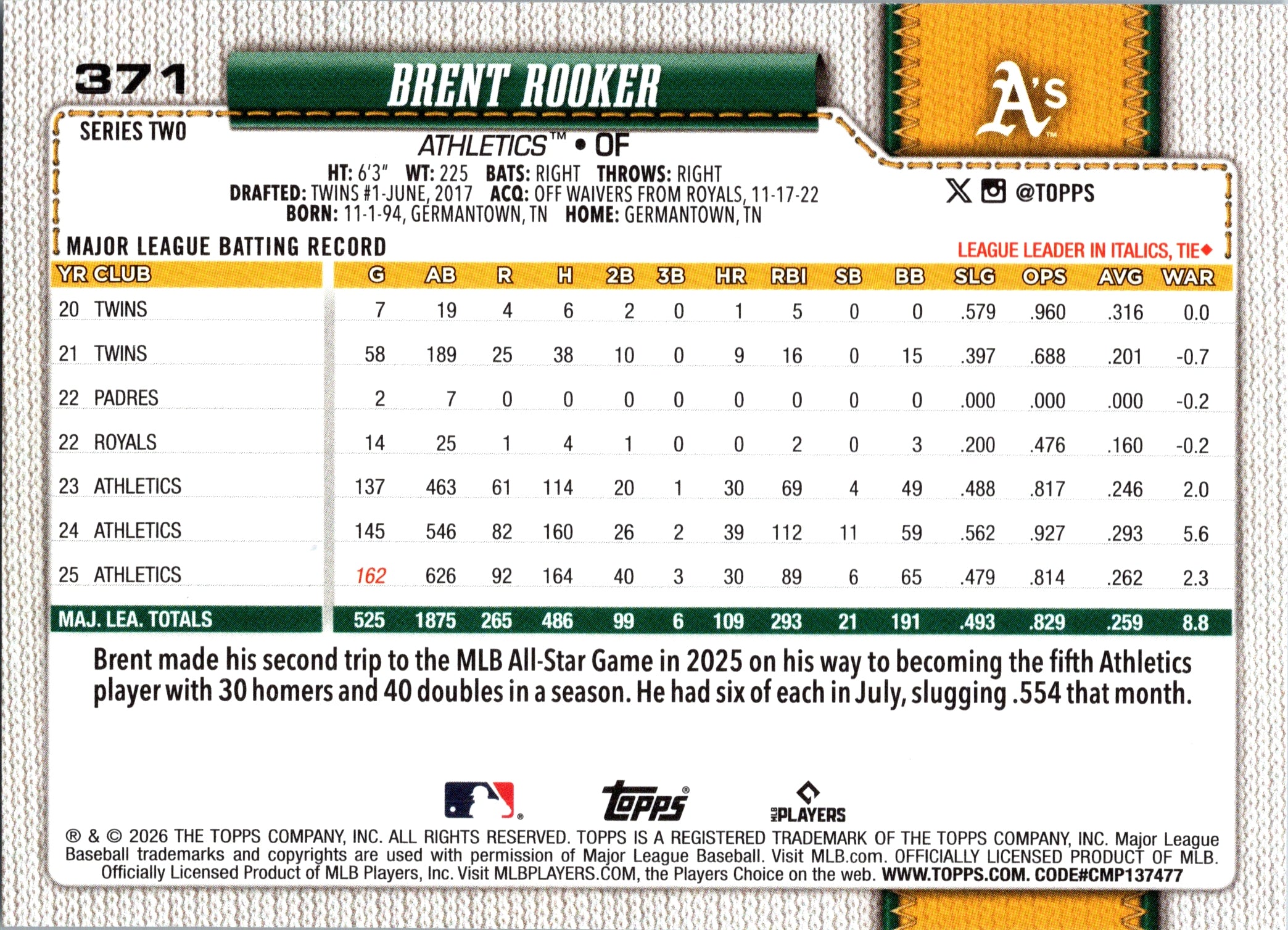 2026 Topps Brent Rooker #371 Athletics Near Mint or Better