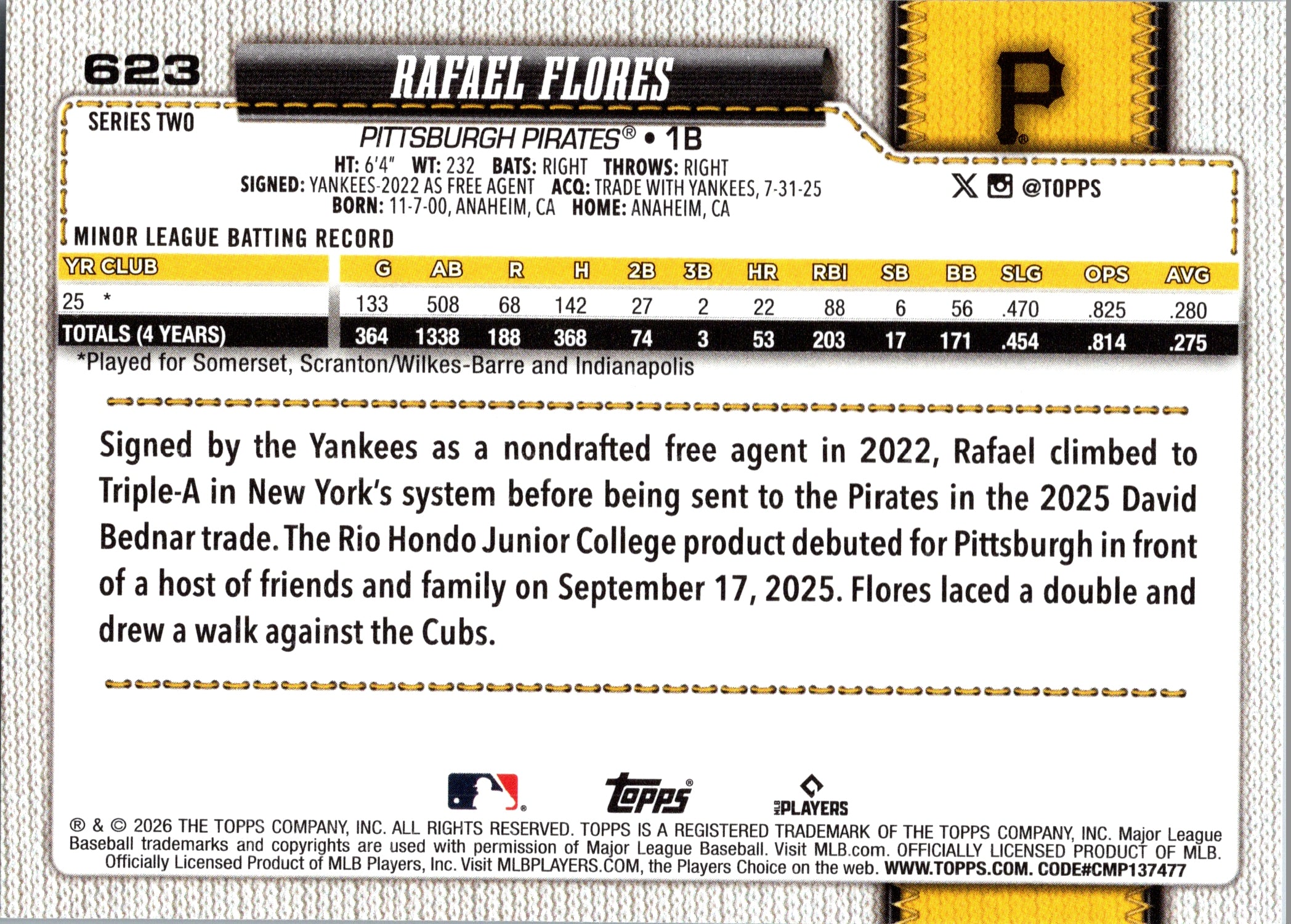 2026 Topps Rafael Flores #623 Pittsburgh Pirates Near Mint or Better