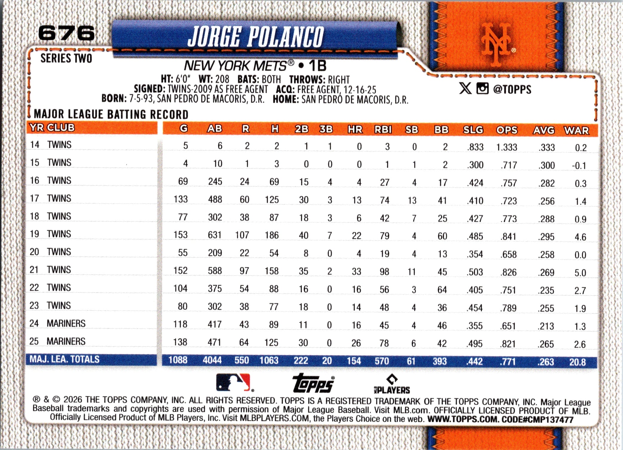 2026 Topps Jorge Polanco #676 New York Mets Near Mint or Better