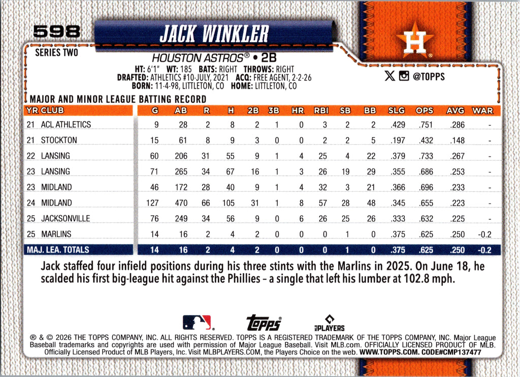 2026 Topps Jack Winkler #598 Houston Astros Near Mint or Better