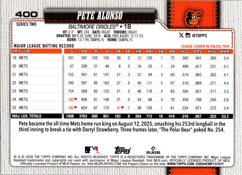 2026 Topps Pete Alonso #400 Baltimore Orioles Near Mint or Better
