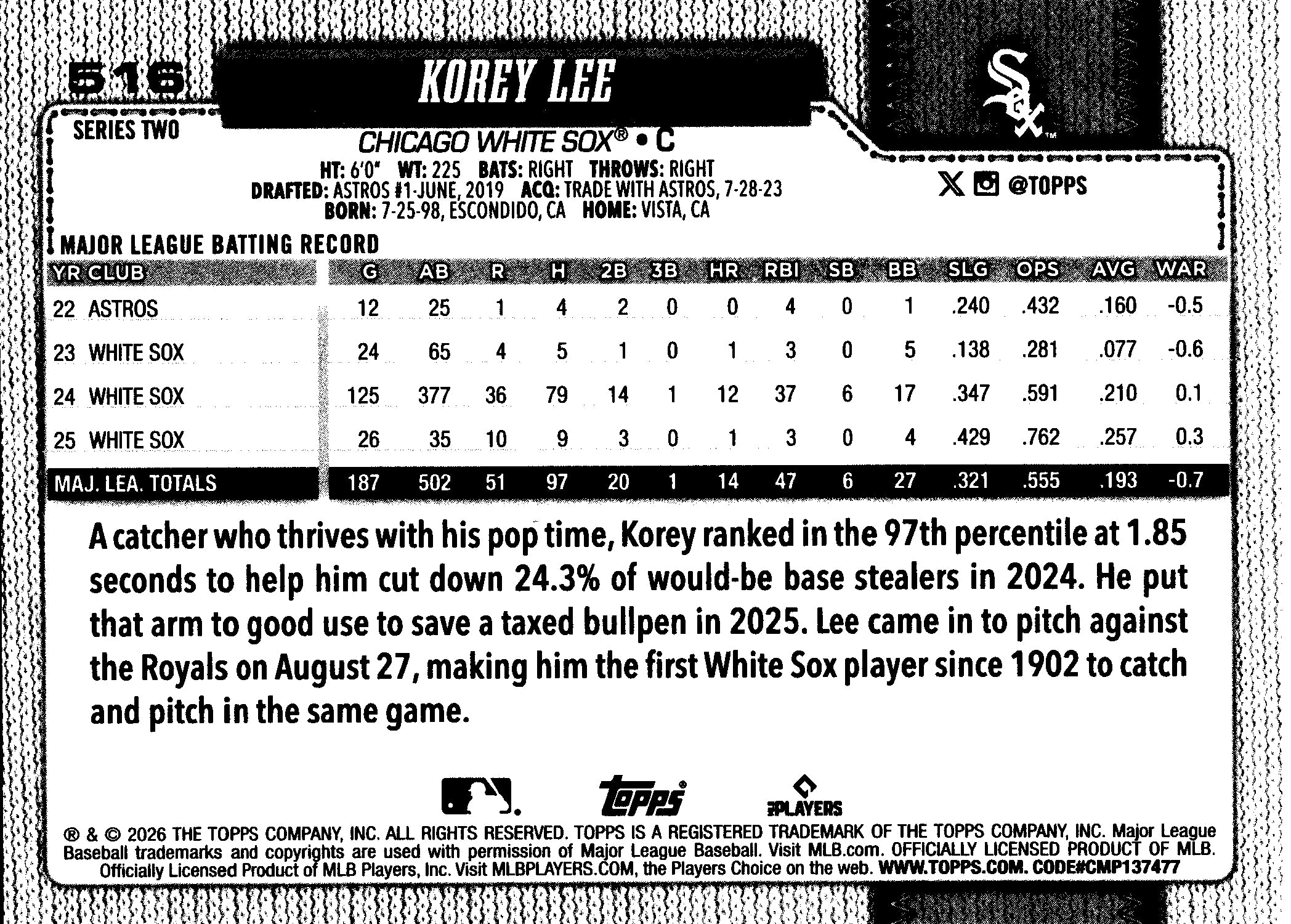 2026 Topps Korey Lee #516 Chicago White Sox Near Mint or Better