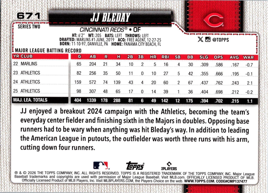 2026 Topps JJ Bleday #671 Cincinnati Reds Near Mint or Better