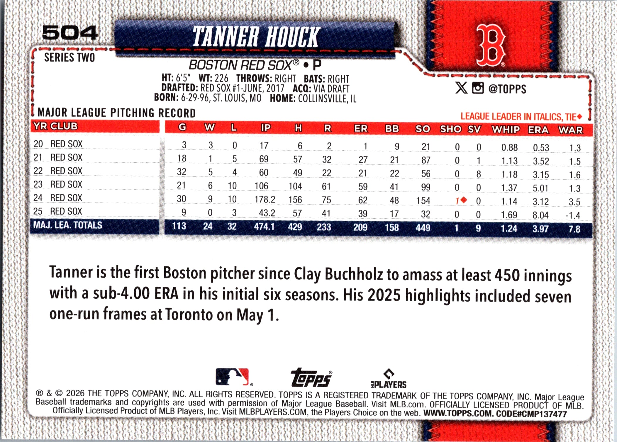 2026 Topps Tanner Houck #504 Boston Red Sox Near Mint or Better