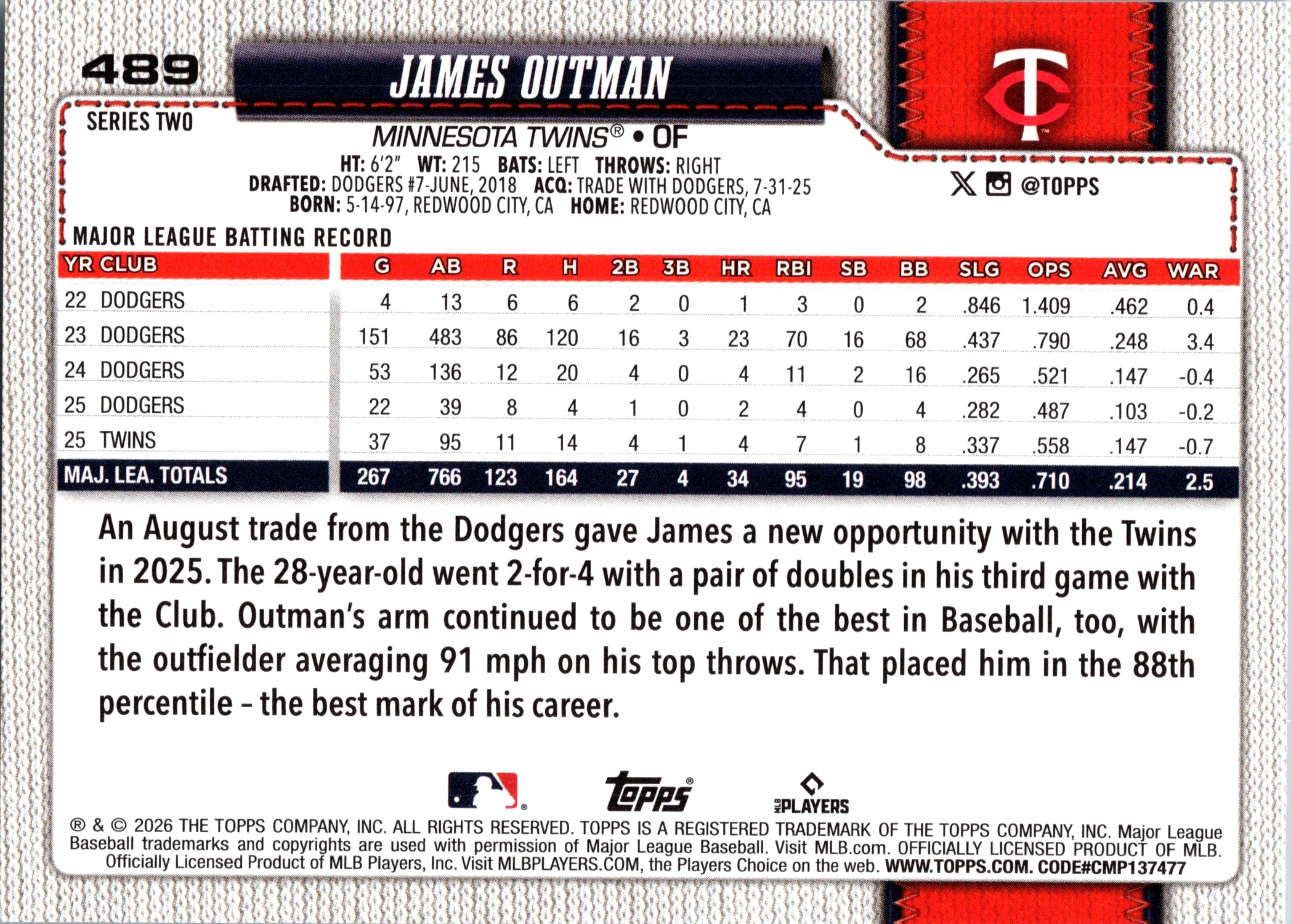 2026 Topps James Outman #489 Minnesota Twins Near Mint or Better