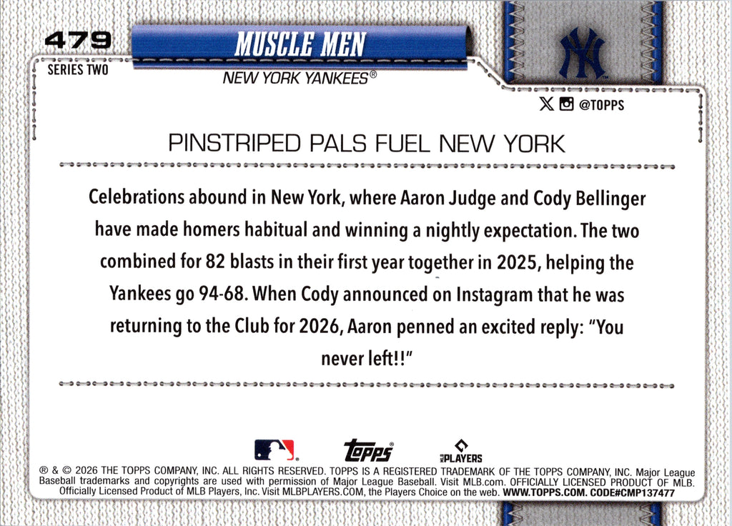 2026 Topps Muscle Men Aaron Judge Cody Bellinger #479 New York Yankees Near Mint