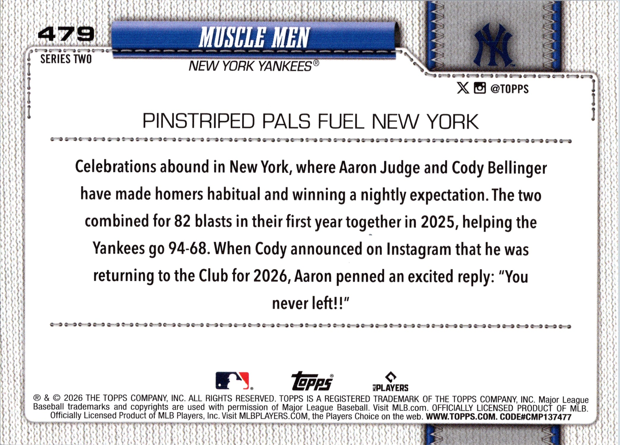 2026 Topps Muscle Men Aaron Judge Cody Bellinger #479 New York Yankees Near Mint