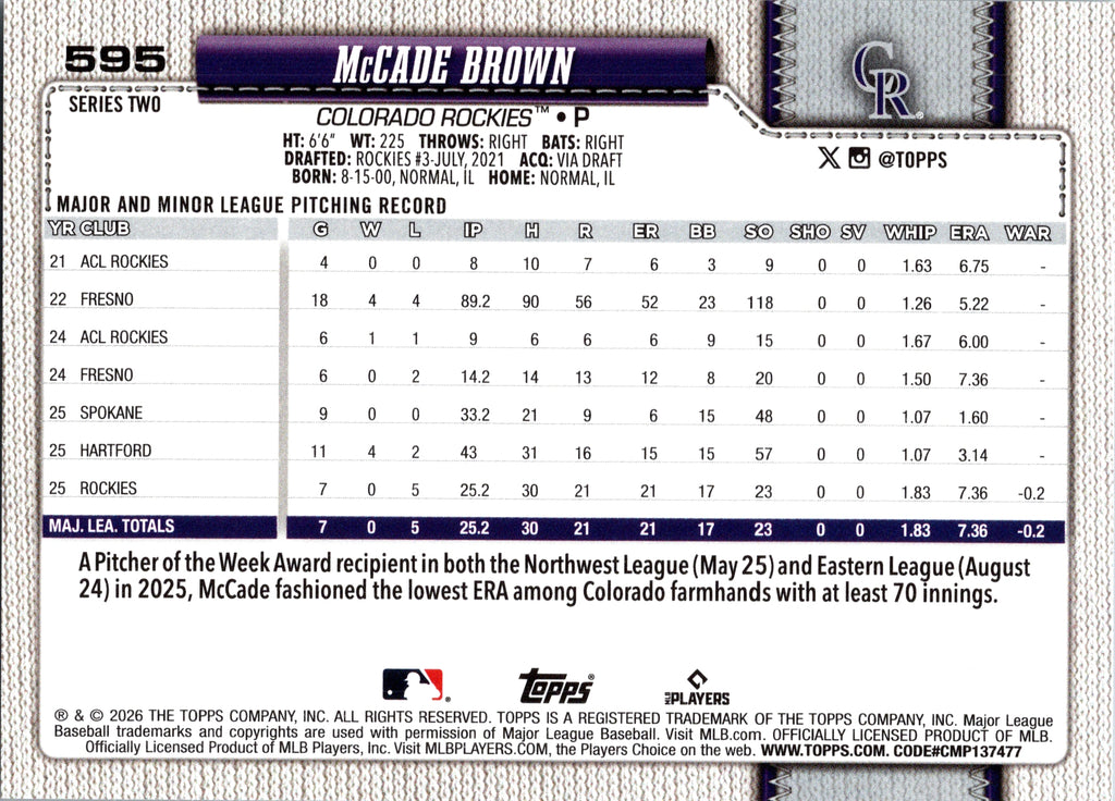2026 Topps McCade Brown #595 Colorado Rockies Near Mint or Better