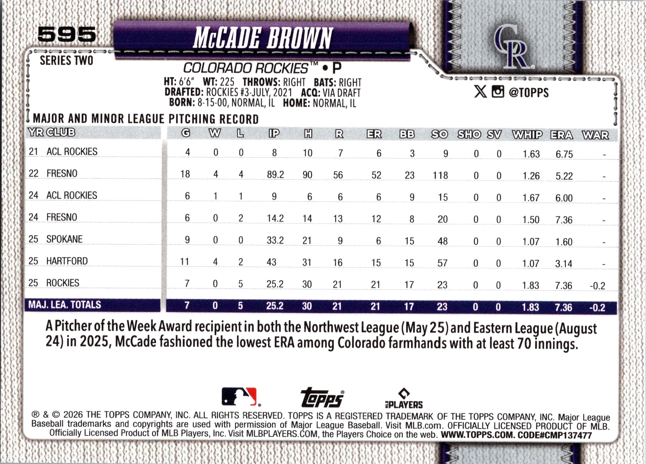 2026 Topps McCade Brown #595 Colorado Rockies Near Mint or Better
