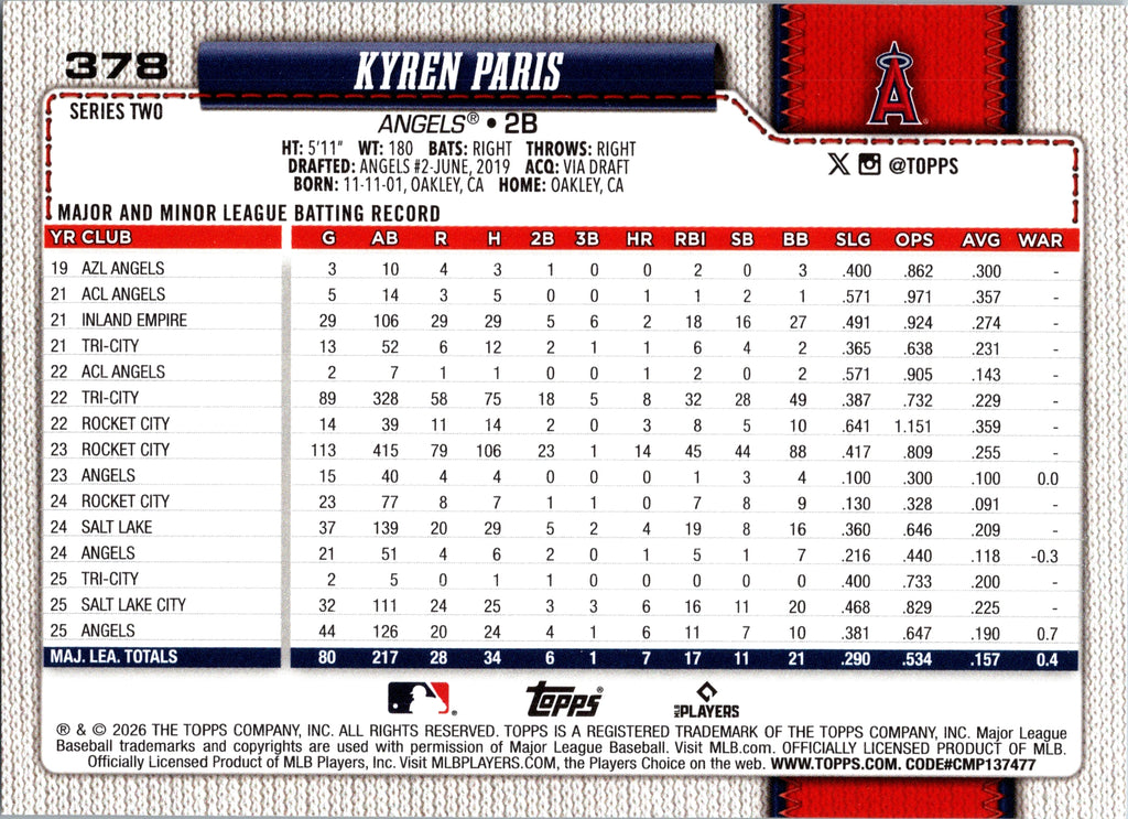 2026 Topps Kyren Paris #378 Los Angeles Angels Near Mint or Better