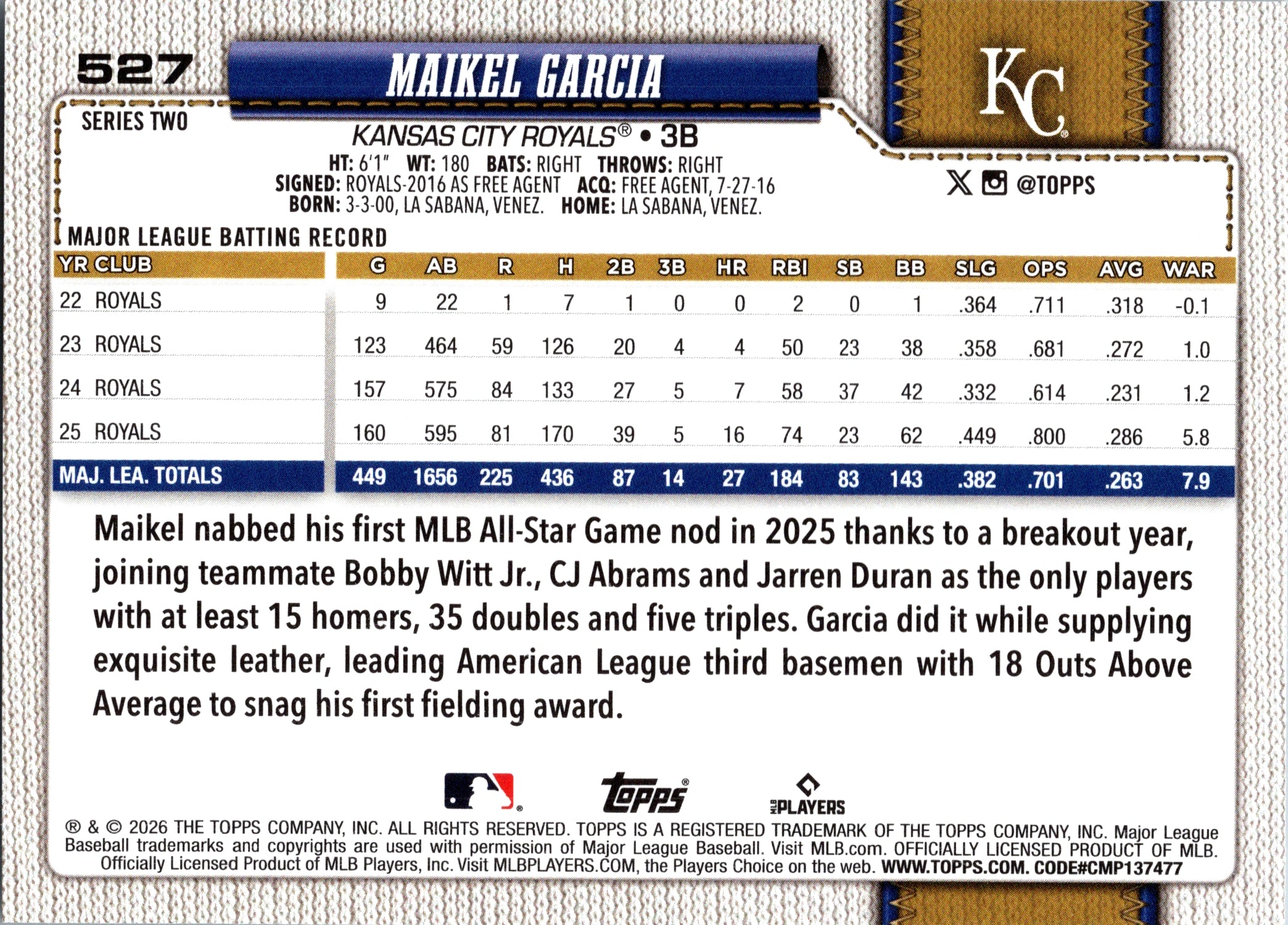 2026 Topps Maikel Garcia #527 Kansas City Royals Near Mint or Better