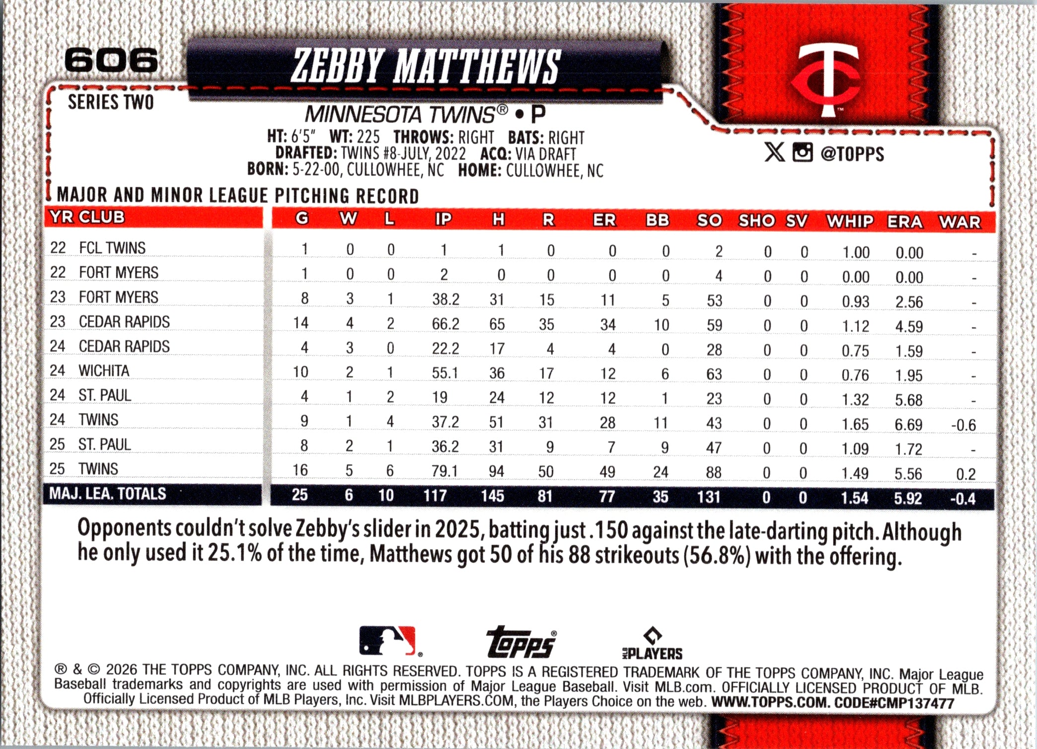 2026 Topps Zebby Matthews #606 Minnesota Twins Near Mint or Better