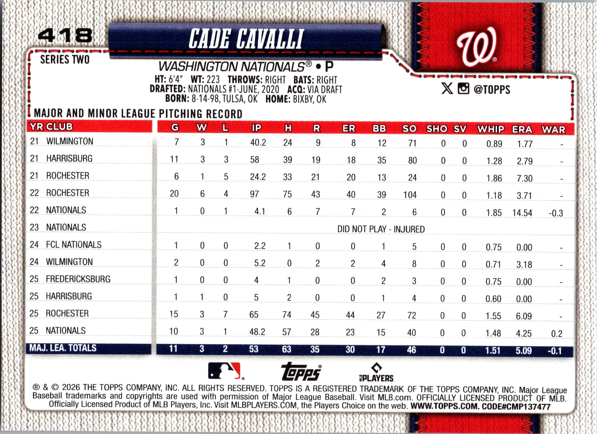 2026 Topps Cade Cavalli #418 Washington Nationals Near Mint or Better