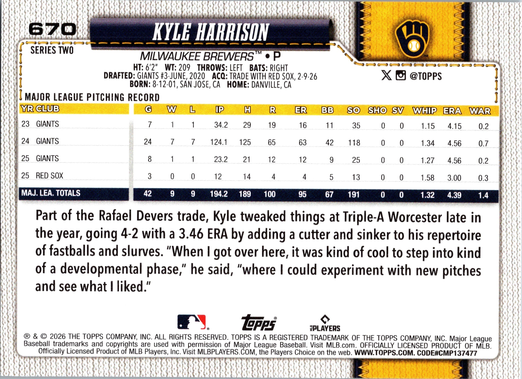 2026 Topps Kyle Harrison #670 Milwaukee Brewers Near Mint or Better