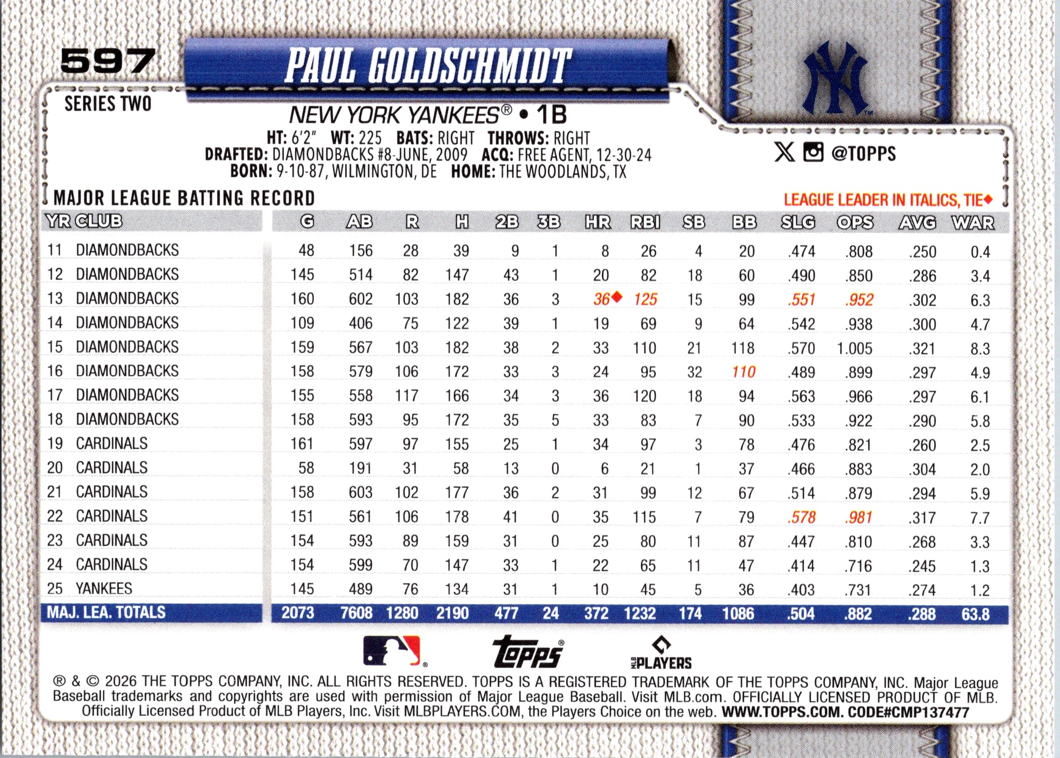 2026 Topps Paul Goldschmidt #597 New York Yankees Near Mint or Better