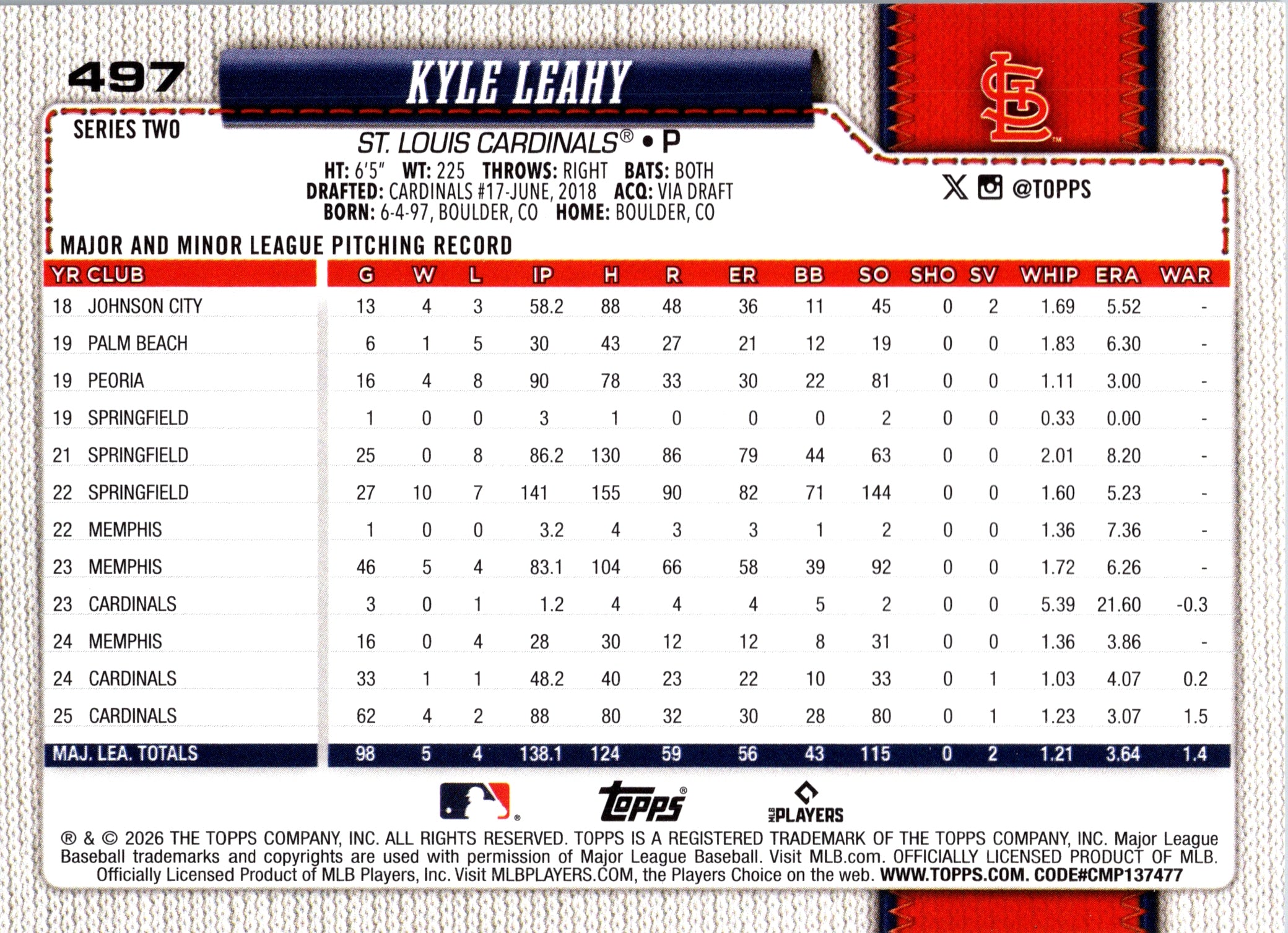 2026 Topps Kyle Leahy #497 St. Louis Cardinals Near Mint or Better