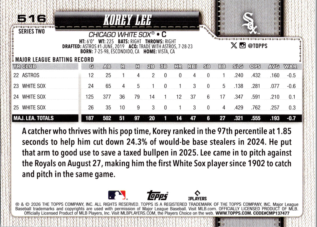 2026 Topps Korey Lee #516 Chicago White Sox Near Mint or Better