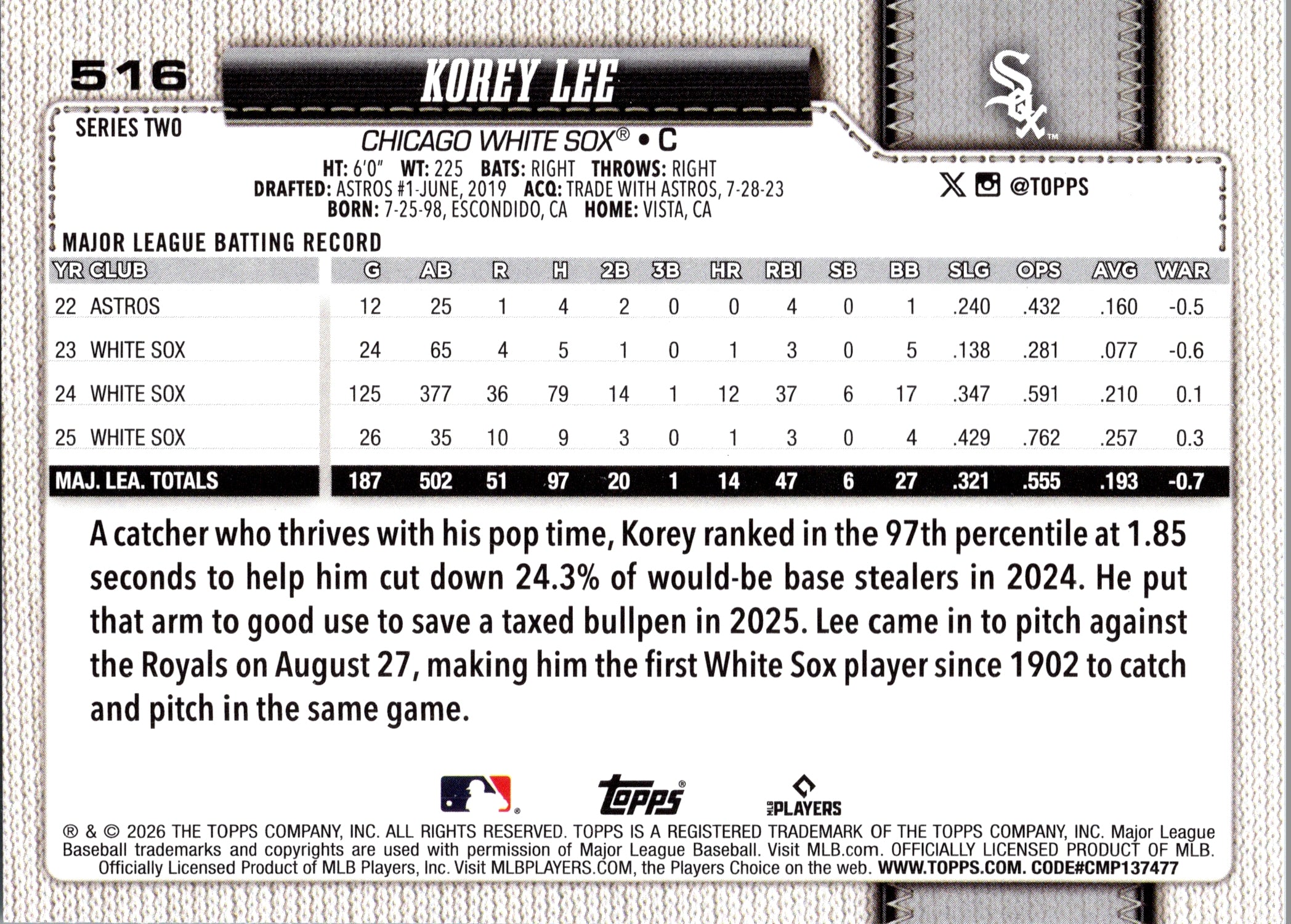 2026 Topps Korey Lee #516 Chicago White Sox Near Mint or Better