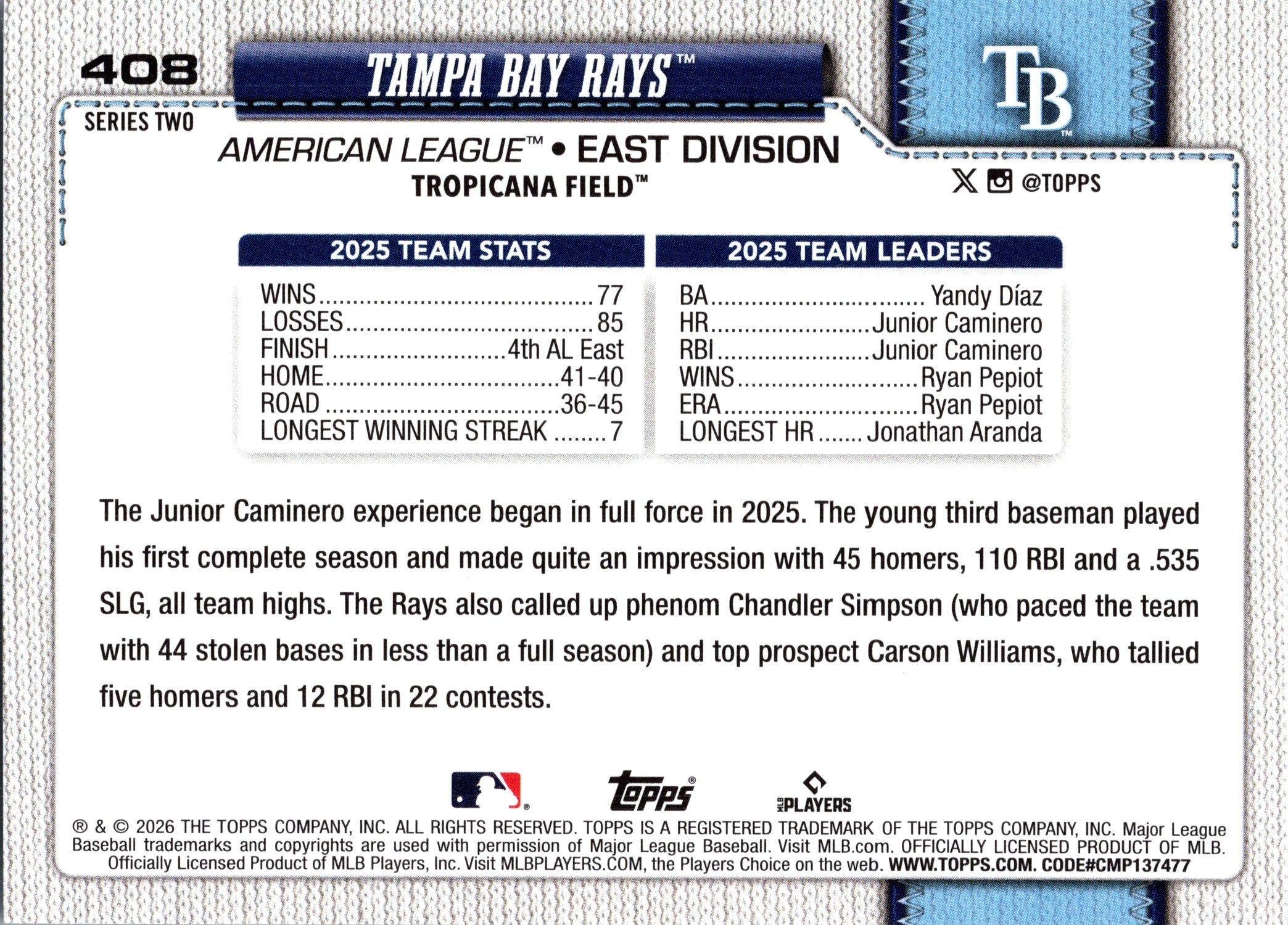 2026 Topps Tampa Bay Rays #408 Tampa Bay Rays Near Mint or Better