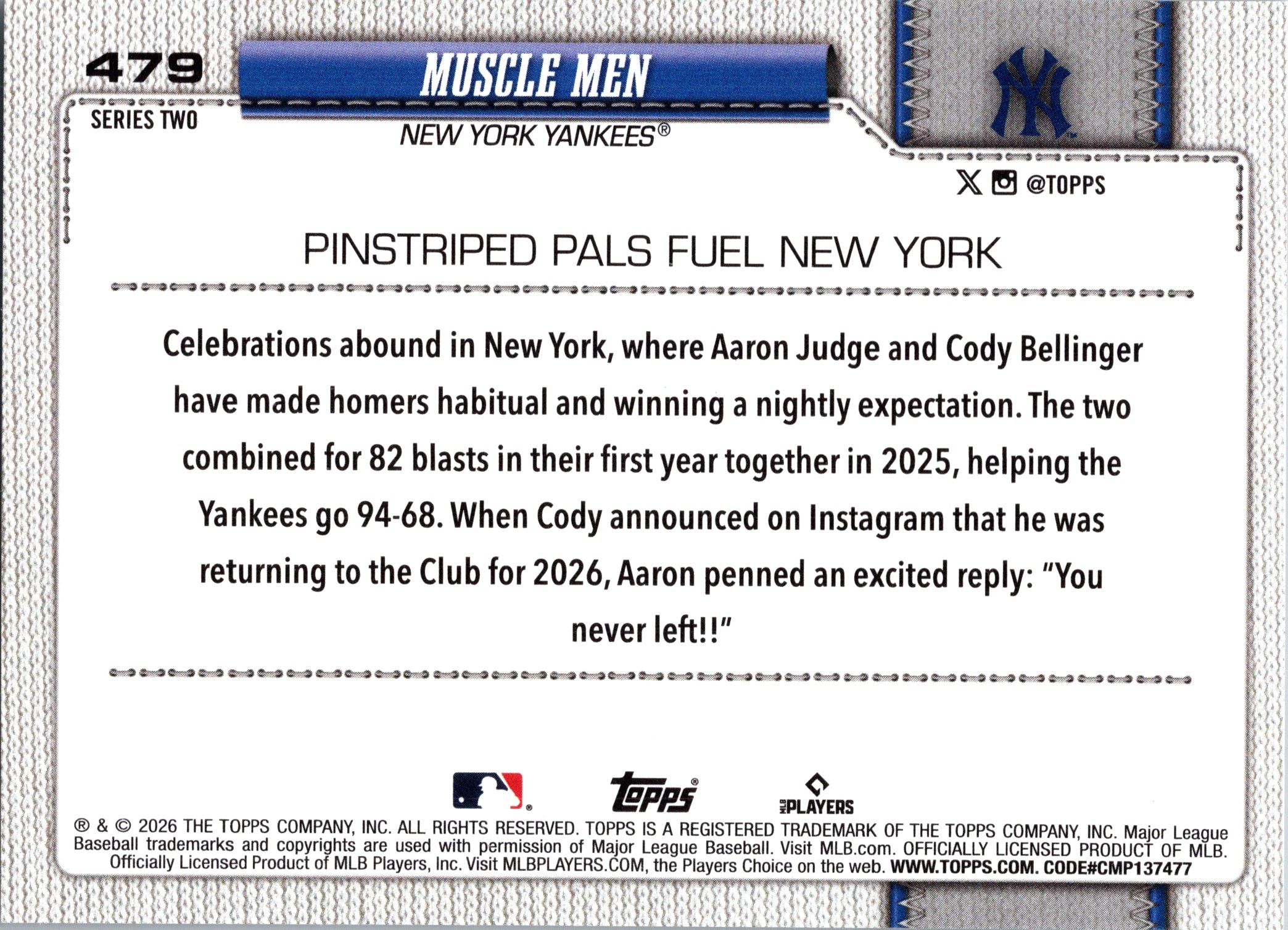 2026 Topps Muscle Men (Aaron Judge / Cody Bellinger) #479 New York Yankees NM