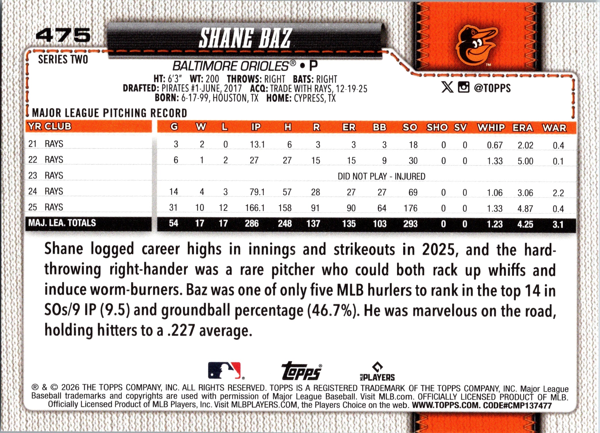 2026 Topps Shane Baz #475 Baltimore Orioles Near Mint or Better