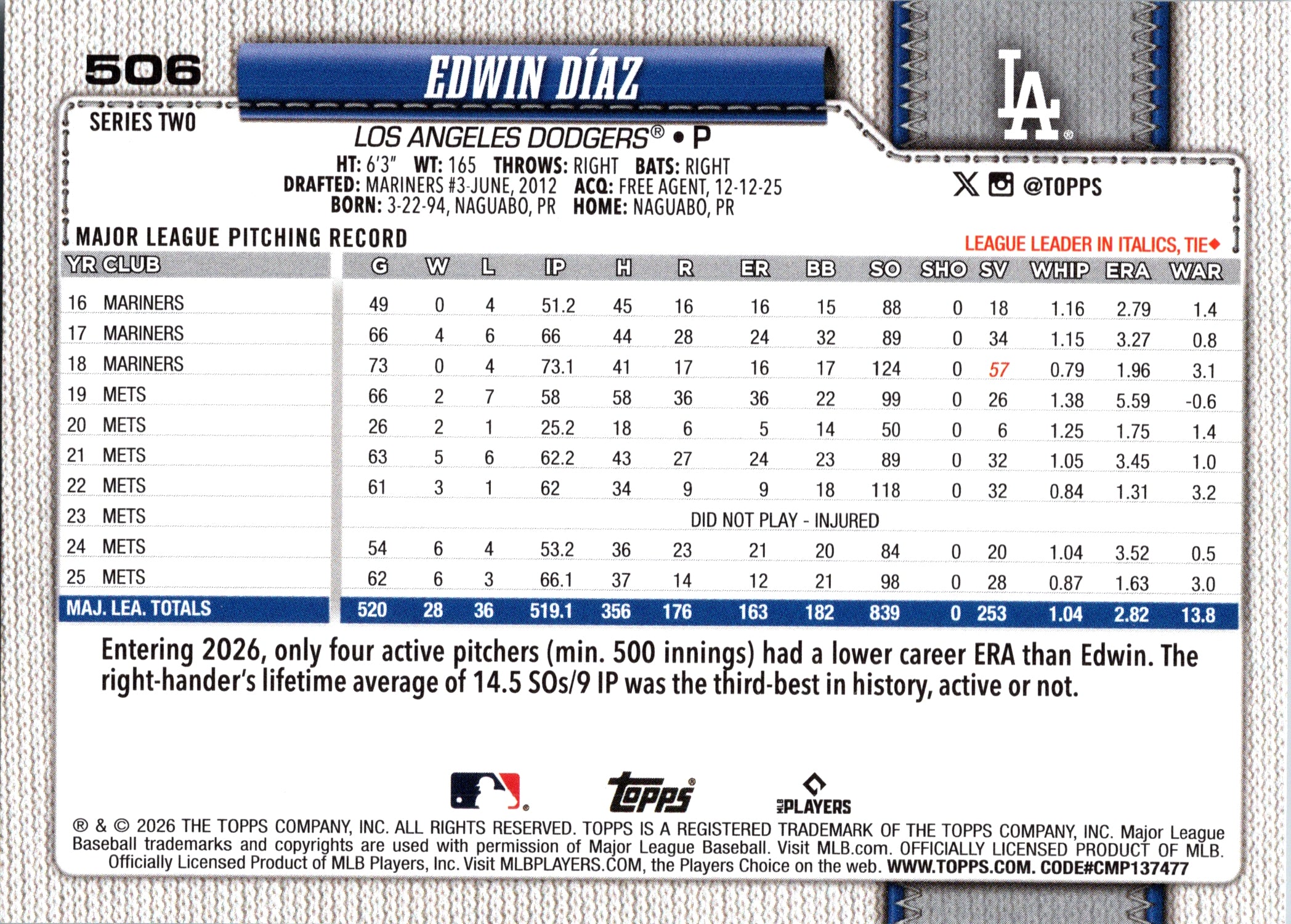 2026 Topps Edwin Díaz #506 Los Angeles Dodgers Near Mint or Better