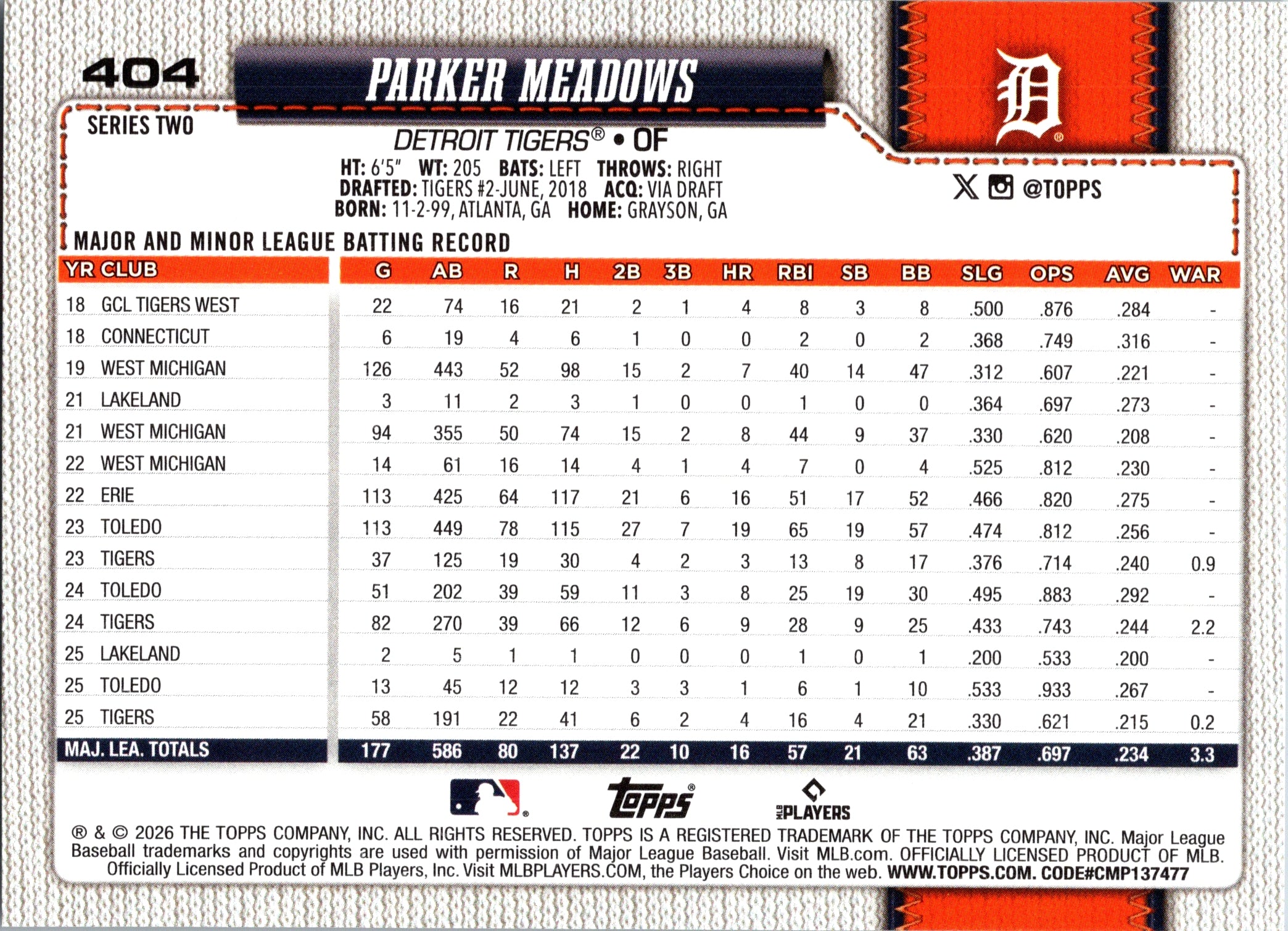 2026 Topps Parker Meadows #404 Detroit Tigers Near Mint or Better