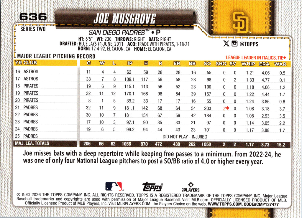 2026 Topps Joe Musgrove #636 San Diego Padres Near Mint or Better