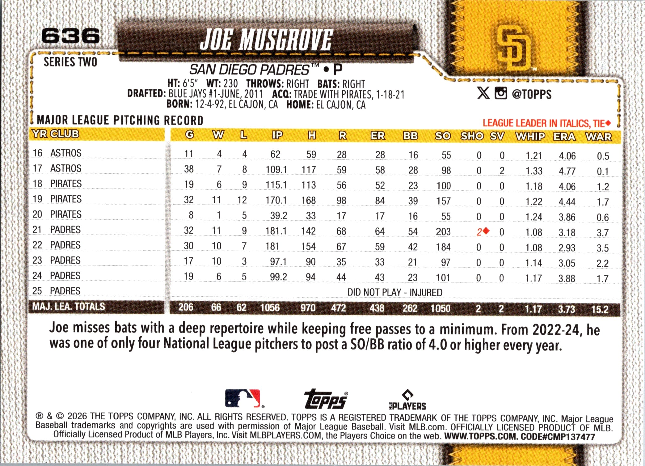 2026 Topps Joe Musgrove #636 San Diego Padres Near Mint or Better