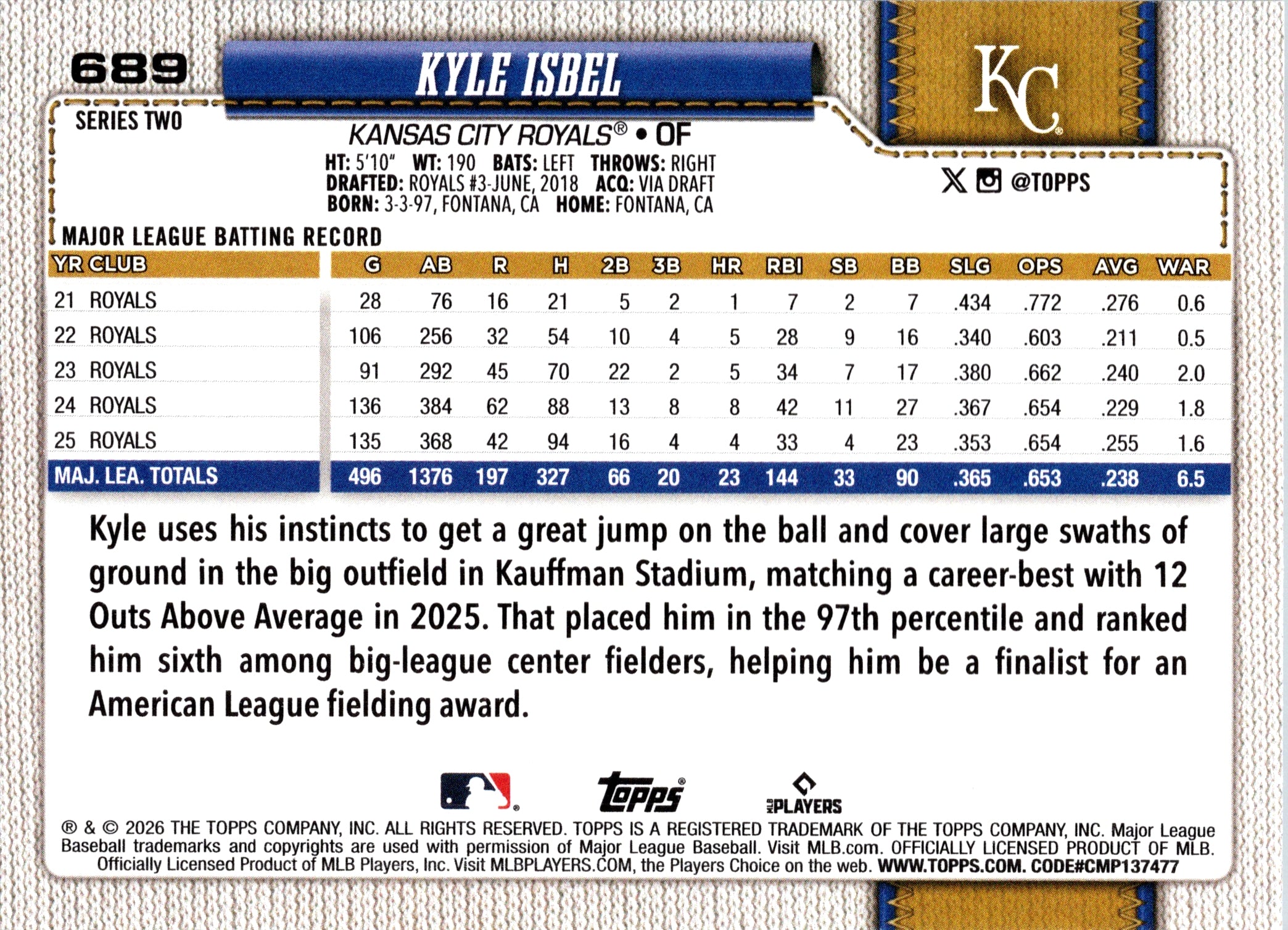 2026 Topps Kyle Isbel #689 Kansas City Royals Near Mint or Better