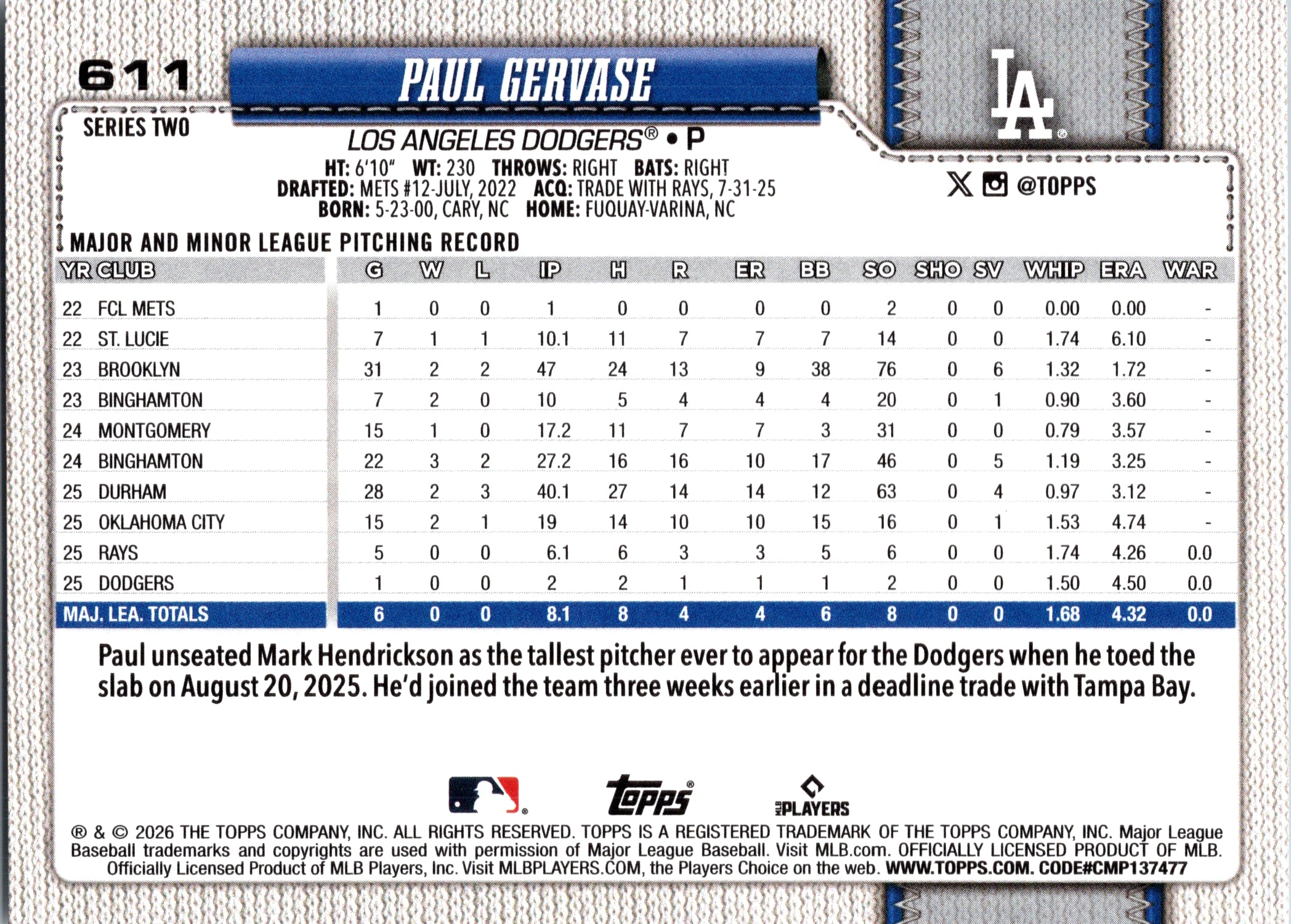 2026 Topps Paul Gervase #611 Los Angeles Dodgers Near Mint or Better