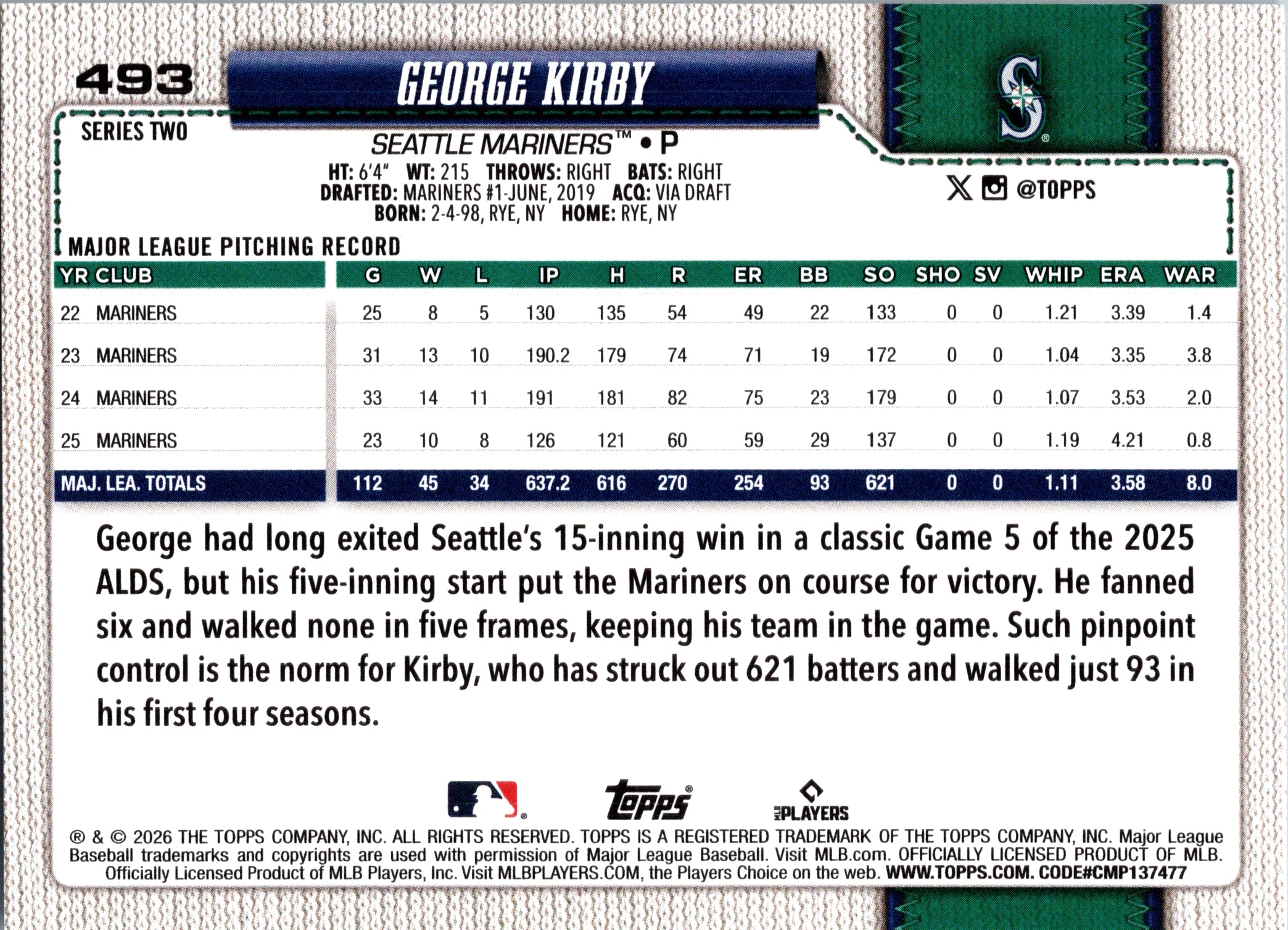 2026 Topps George Kirby #493 Seattle Mariners Near Mint or Better