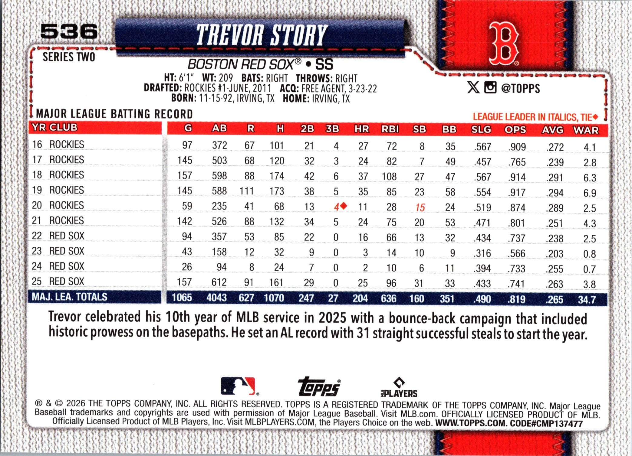 2026 Topps Trevor Story #536 Boston Red Sox Near Mint or Better