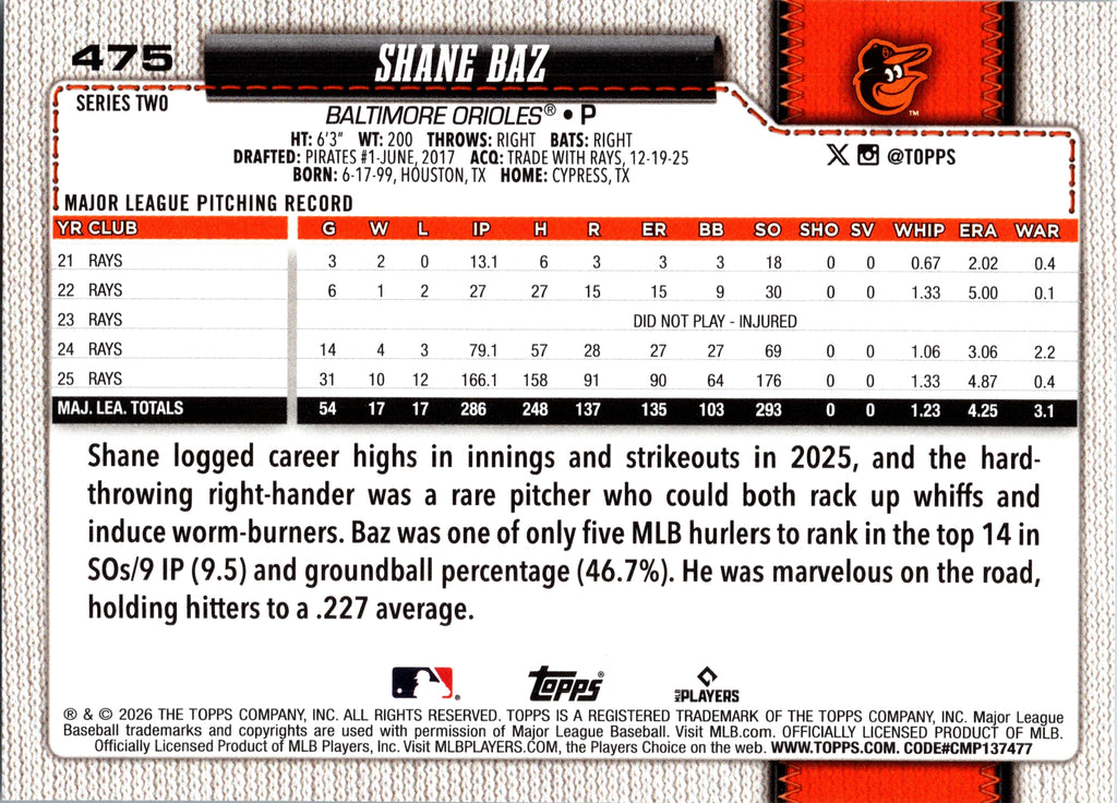2026 Topps Shane Baz #475 Baltimore Orioles Near Mint or Better